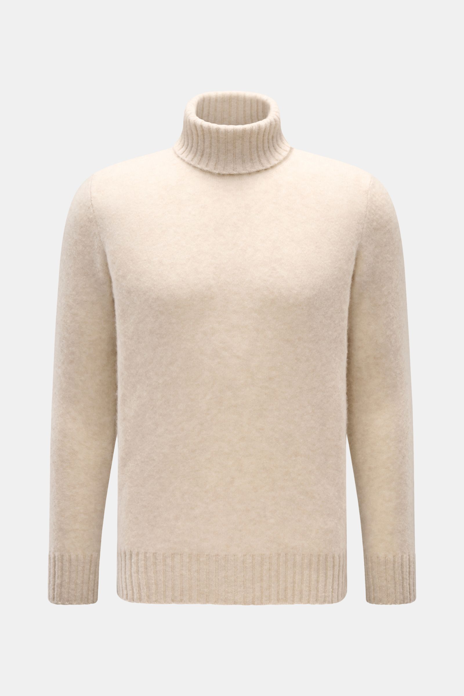 Piacenza 1733 Rollkragenpullover sand, frontale Nahaufnahme, Slim Fit, mittelfeines Strickbild, Rollkragen, weicher Griff aus Cashmere, Seide, Microfaser.