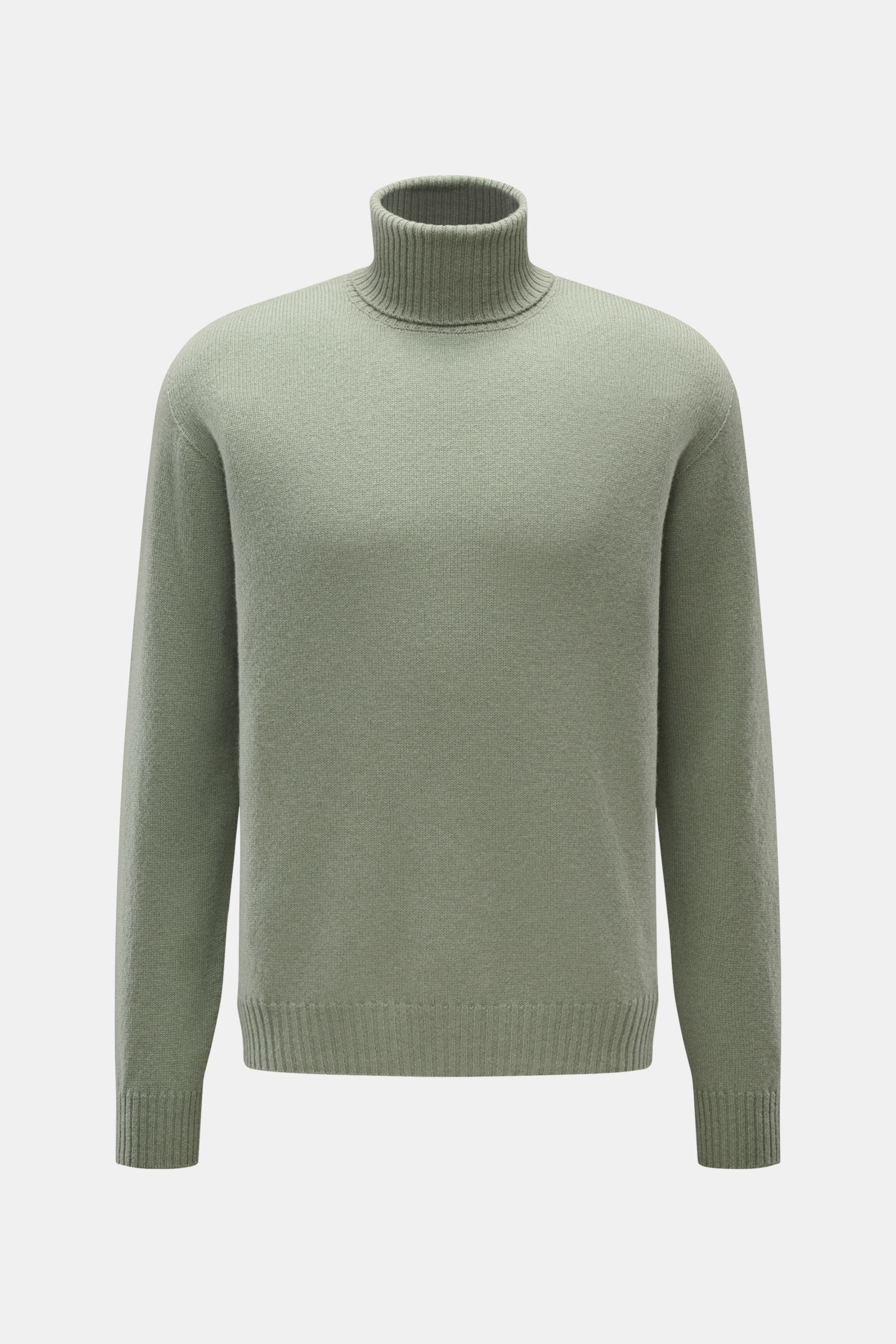 Front view of 04651/ A trip in a bag Cashmere turtleneck jumper sage, pure cashmere, soft feel, fine knit, regular fit, rib knit turtleneck, comfortable ribbed bands. 

Description:  
A timeless classic for the colder months: With its comfortable mater