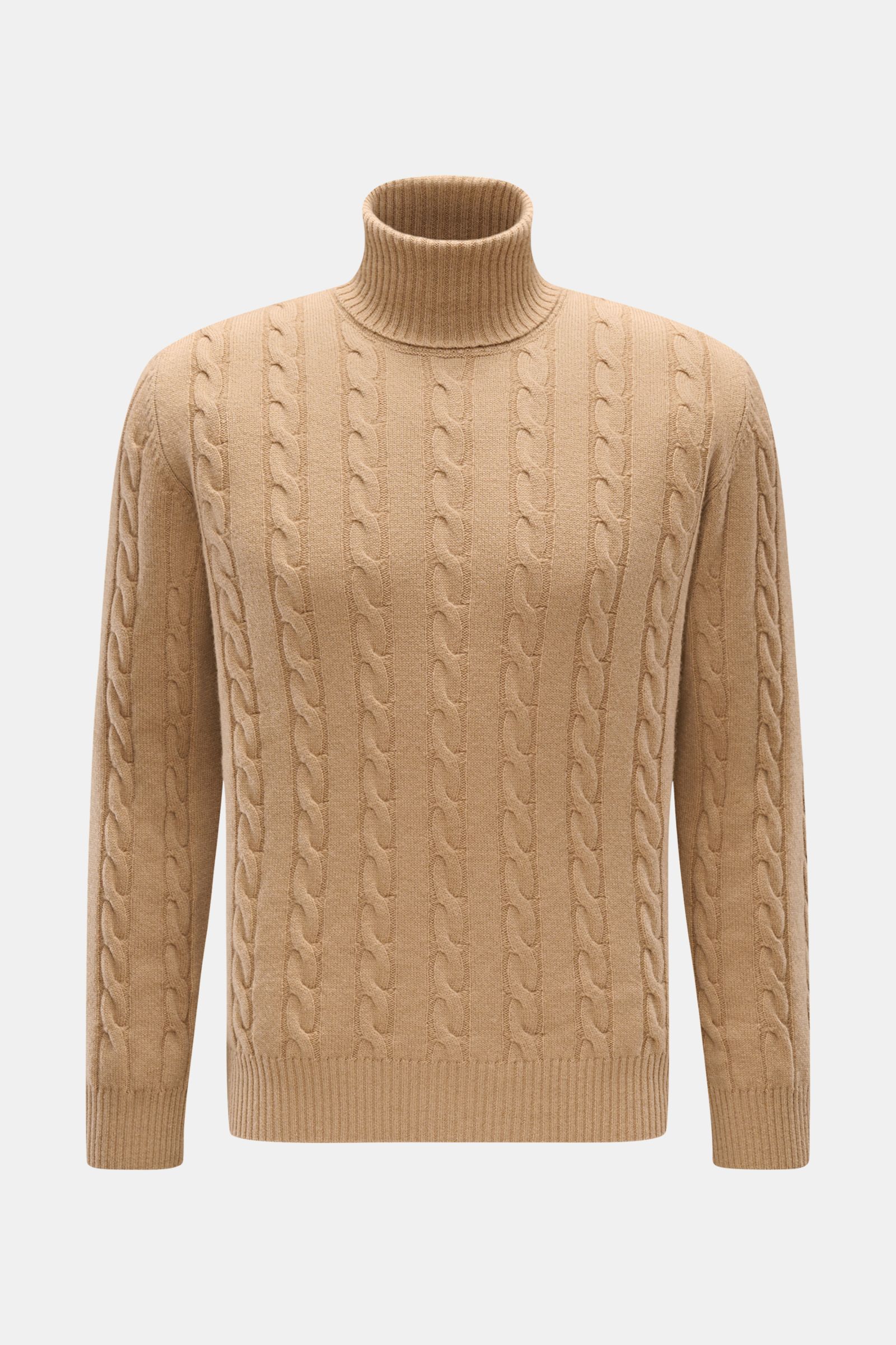 Aurélien Rollkragenpullover beige, Slim Fit mit retro Zopfstrick, aus Merinowolle und Cashmere, frontal fotografiert mit anliegendem Rollkragen.