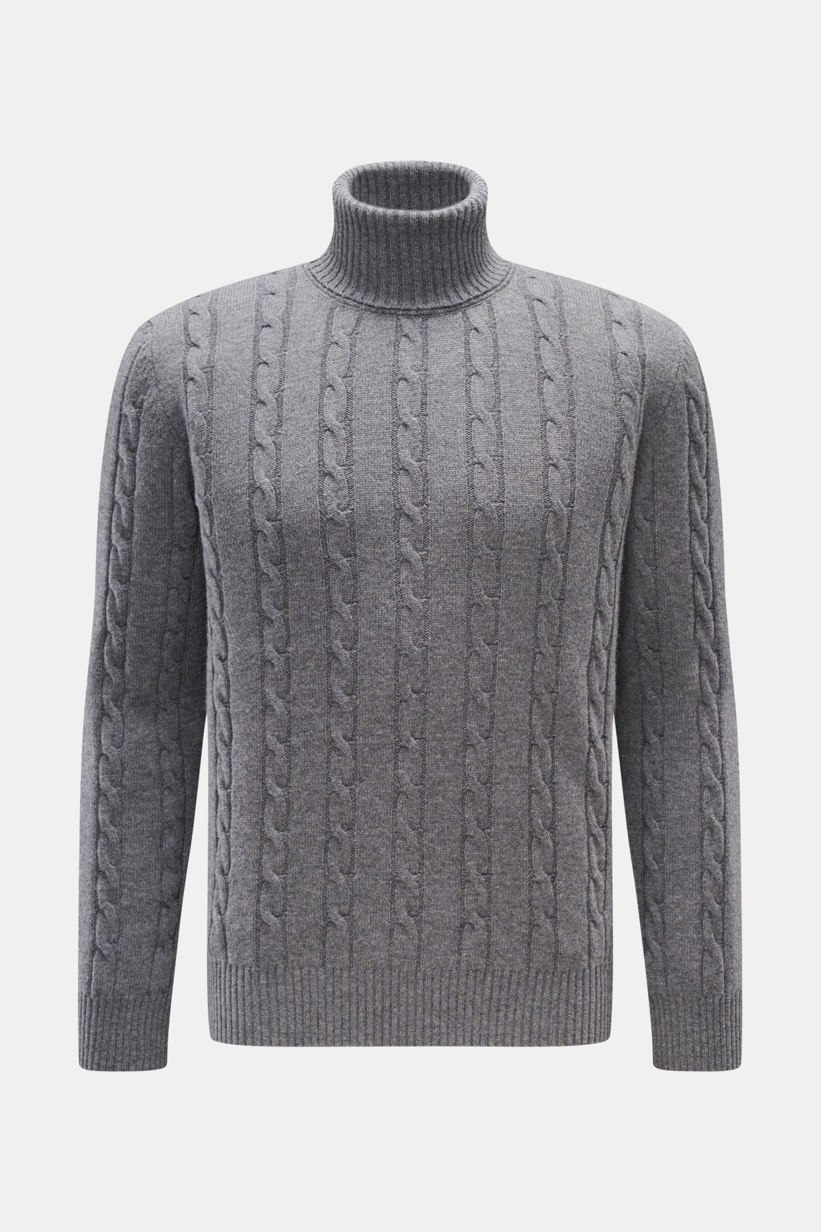 Aurélien Rollkragenpullover grau aus Merinowolle und Cashmere, Zopfstrick, Slim Fit, weicher Griff, Rippbündchen, frontal fotografiert.