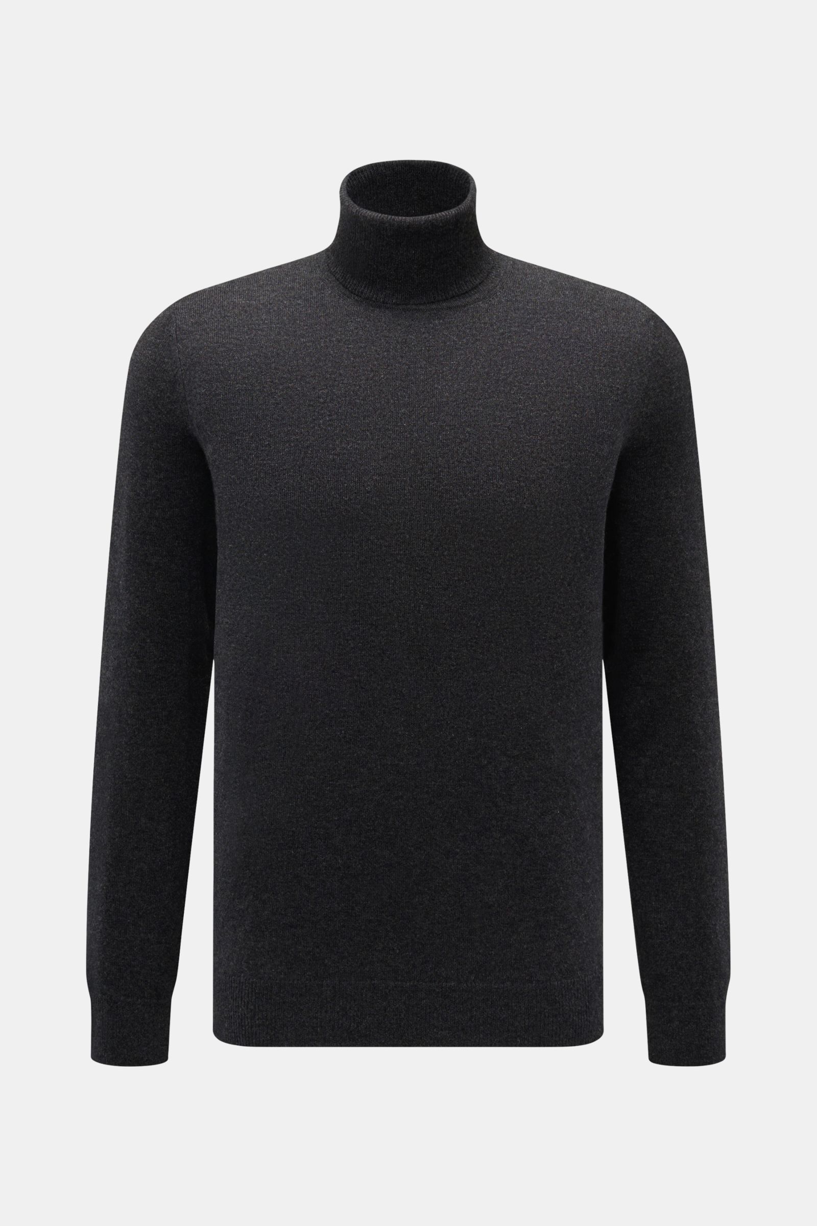 Von Braun Cashmere Rollkragenpullover dunkelgrau meliert, Slim Fit, fein gestrickt aus reinem Cashmere, mit anliegendem Rollkragen und elastischen Rippbündchen, frontal fotografiert.
