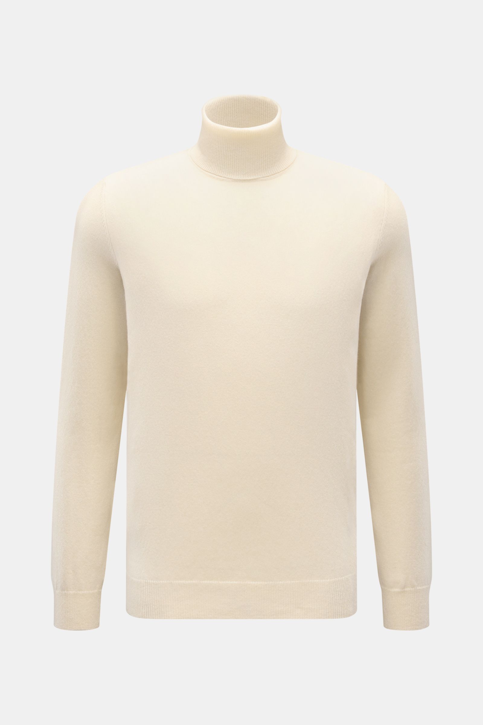 Frontansicht des von Braun Cashmere Rollkragenpullovers creme, Slim Fit mit feinem Strickbild, anliegendem Rollkragen und elastischen Rippbündchen, aus weichem reinem Cashmere.