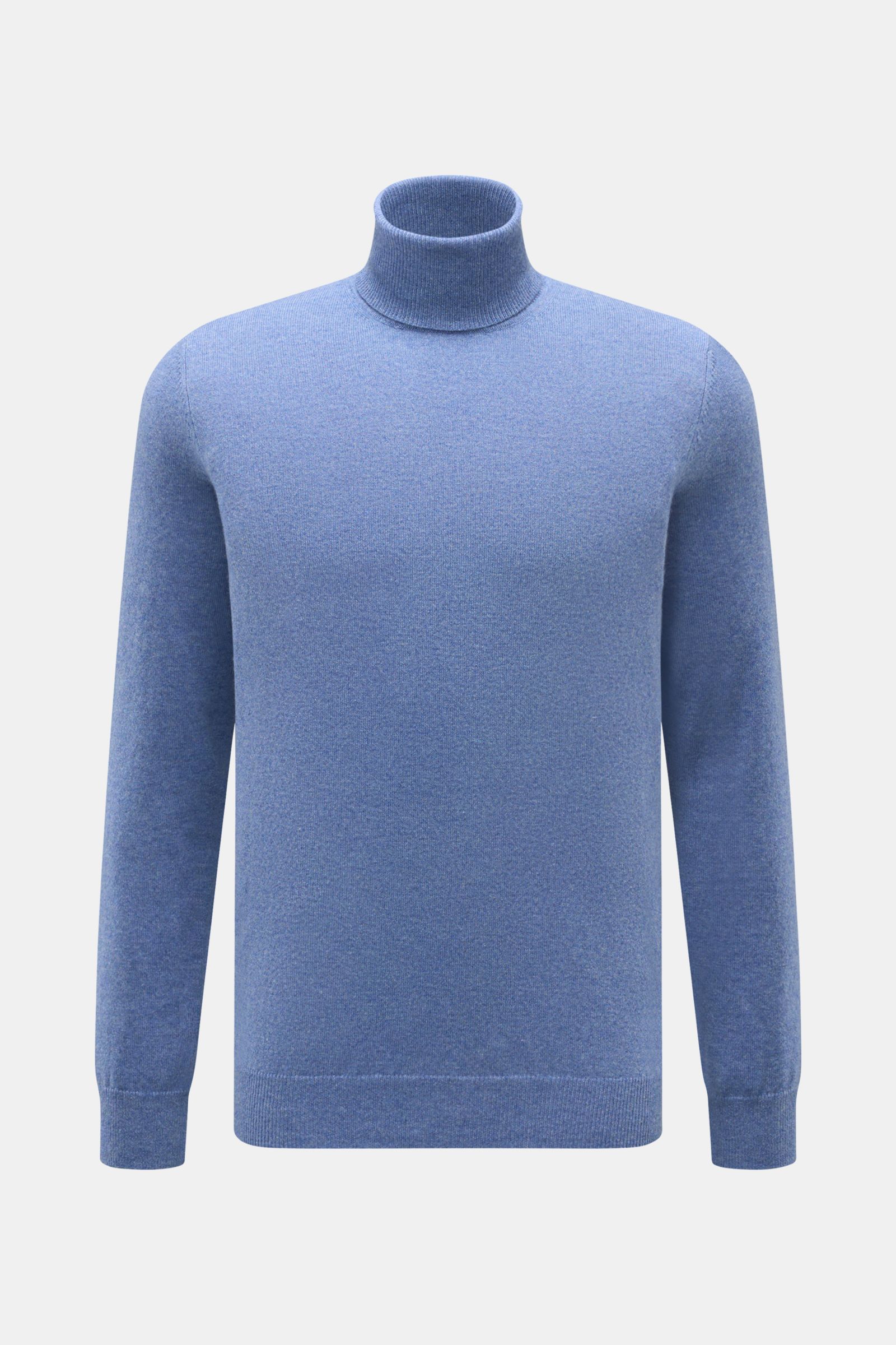 von Braun Cashmere Rollkragenpullover blau meliert, Slim Fit, fein gestrickt aus reinem, weichem Cashmere, frontal fotografiert mit anliegendem Rollkragen und elastischen Rippbündchen.