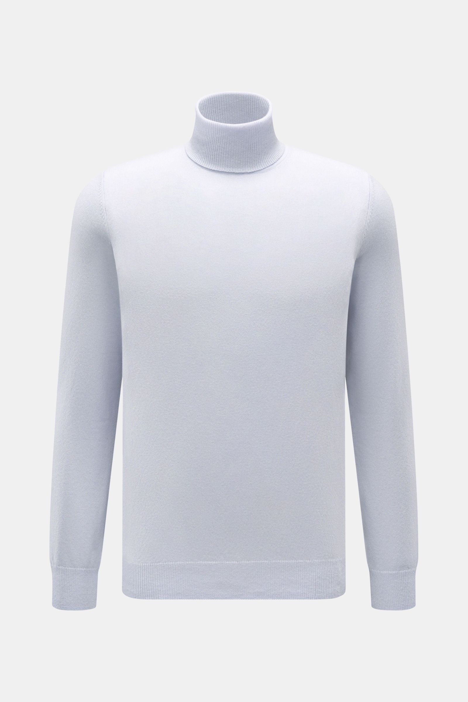 von Braun Cashmere Rollkragenpullover pastellblau, frontal fotografiert, Slim Fit, feines Strickbild, reiner Cashmere, weicher Griff, elastische Rippbündchen, anliegender Rollkragen.