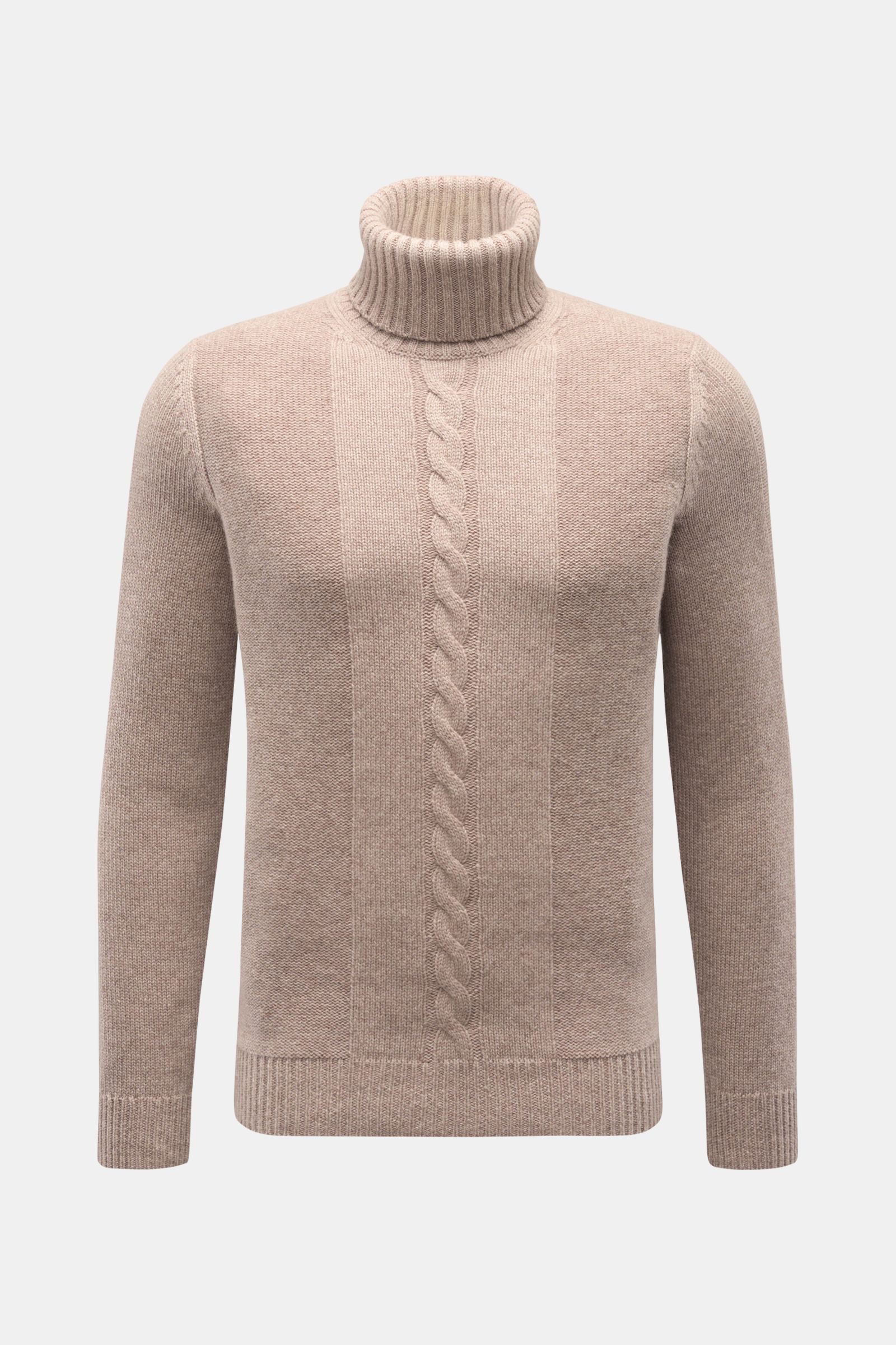 von Braun Cashmere Rollkragenpullover beige, frontal fotografiert, Slim Fit aus feinem Cashmere mit weichem Griff, Linksstrick- und Zopfmuster, anliegender Rollkragen, flexible Rippbündchen.