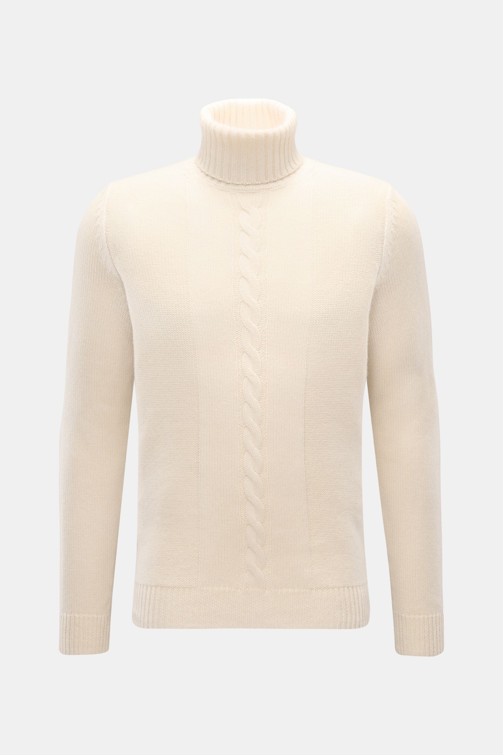 von Braun Cashmere Rollkragenpullover offwhite, frontale Ansicht, Slim Fit mit anliegendem Rollkragen, Linksstrick- und Zopfmuster, reiner, weicher Cashmere aus Innerer Mongolei