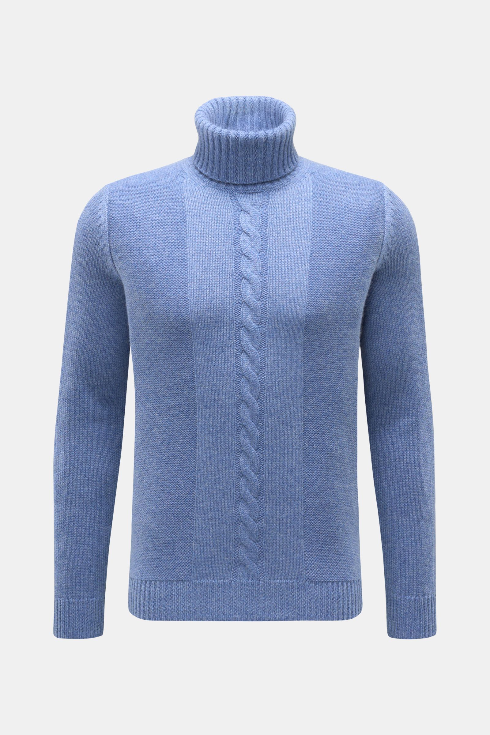 Von vorne fotografierter von Braun Cashmere Rollkragenpullover blau meliert aus reinem Cashmere mit Zopf- und Linksstrickmuster, Slim Fit.