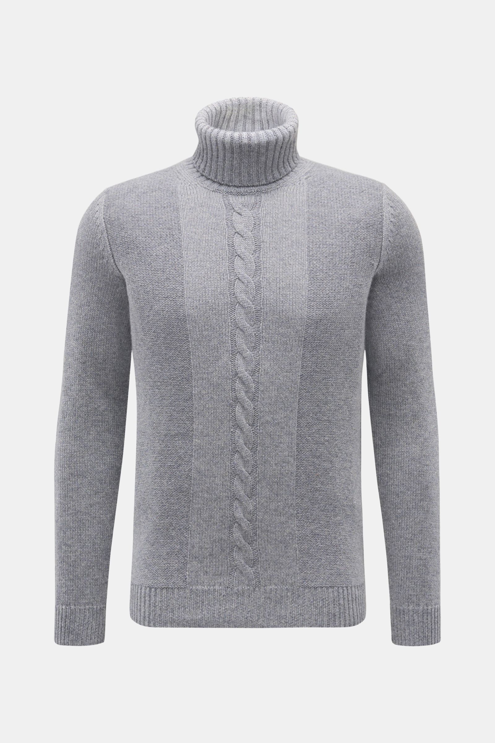 von Braun Cashmere Rollkragenpullover grau, Slim Fit, reiner Cashmere, weicher Griff, mittelfeines Strickbild mit Links- und Zopfstrickmuster, frontal fotografiert.