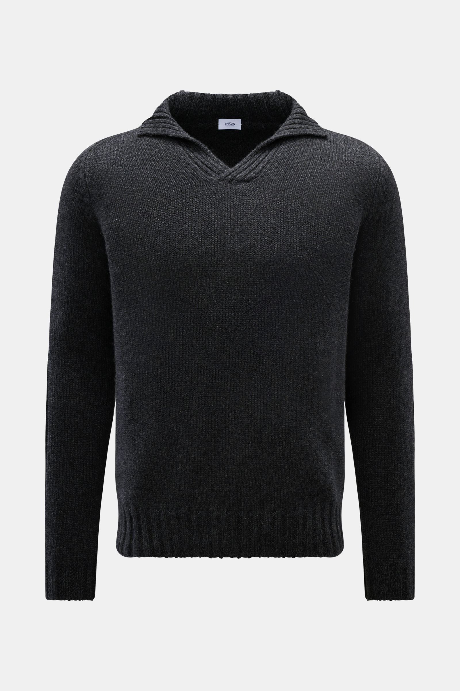 von Braun Cashmere Troyer dunkelgrau meliert, frontale Nahaufnahme, Regular Fit, Stehkragen mit offener Kragenleiste, sportiven Rippstrick-Details, reiner Cashmere, sehr weicher Griff, mittelfeines Strickbild, komfortable Rippbündchen, luxuriöse Cashmereq