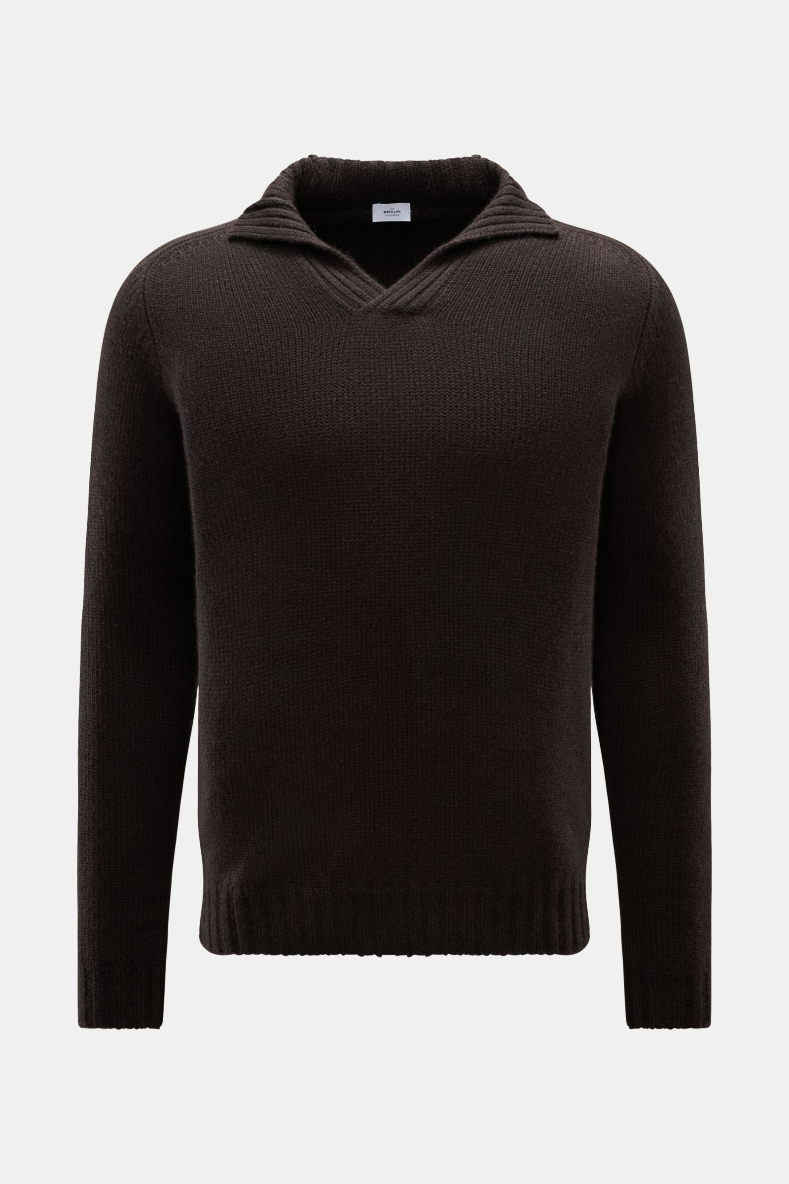 von Braun Cashmere Troyer dunkelbraun, frontal fotografiert, mit Stehkragen, offener Kragenleiste, sportiven Rippstrick-Details, Regular Fit, reiner Cashmere, weicher Griff, mittelfeines Strickbild, komfortable Rippbündchen.