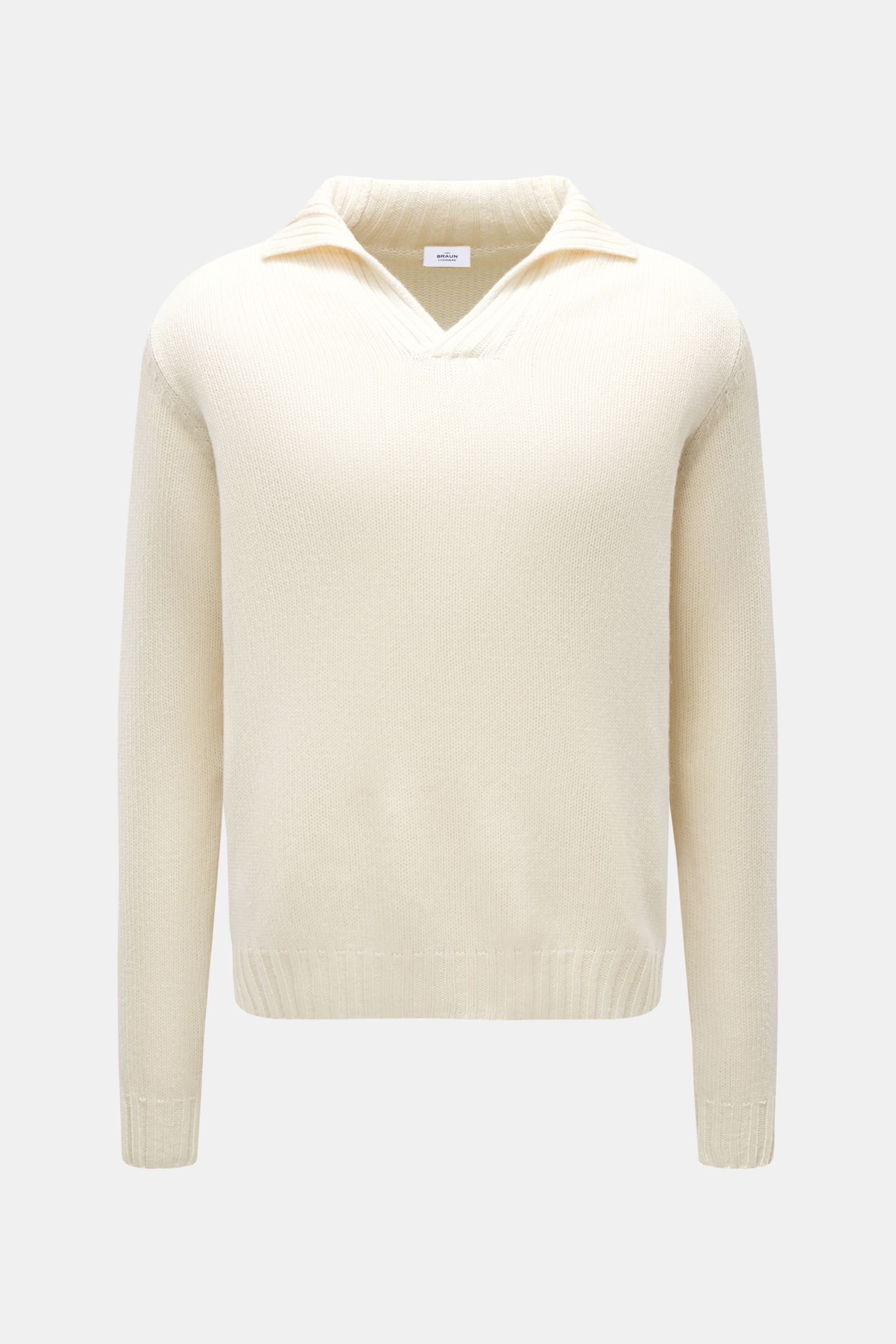 von Braun Cashmere Troyer creme, frontale Aufnahme, edler Pullover aus reinem Cashmere mit sportiven Rippstrick-Details, Stehkragen, Regular Fit, weich und wärmend
