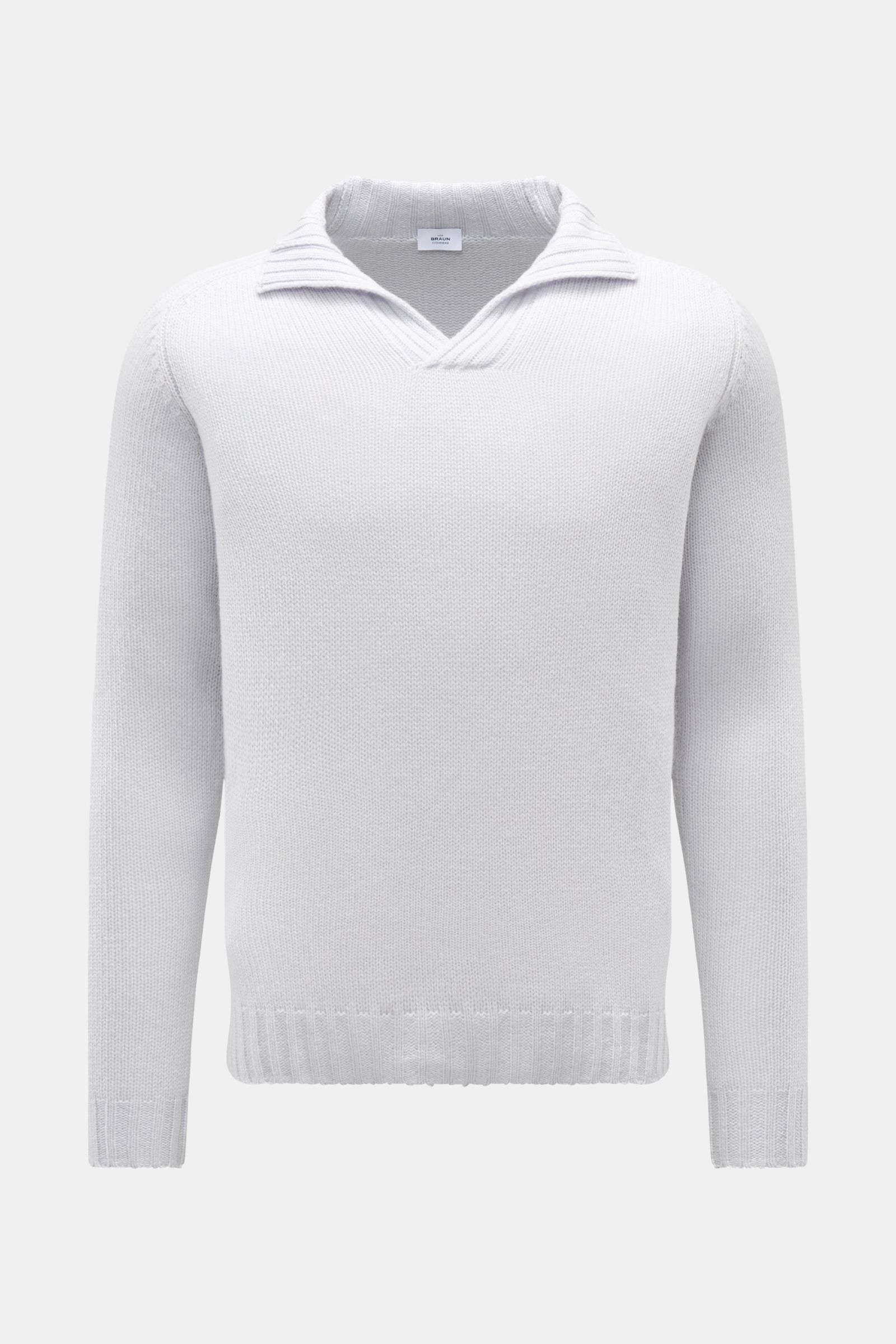 von Braun Cashmere Troyer hellgrau, frontale Ansicht, edler Pullover mit sportiven Rippstrick-Details, Stehkragen, Regular Fit, reiner Cashmere, weich, mittelfein gestrickt, Rippbündchen
