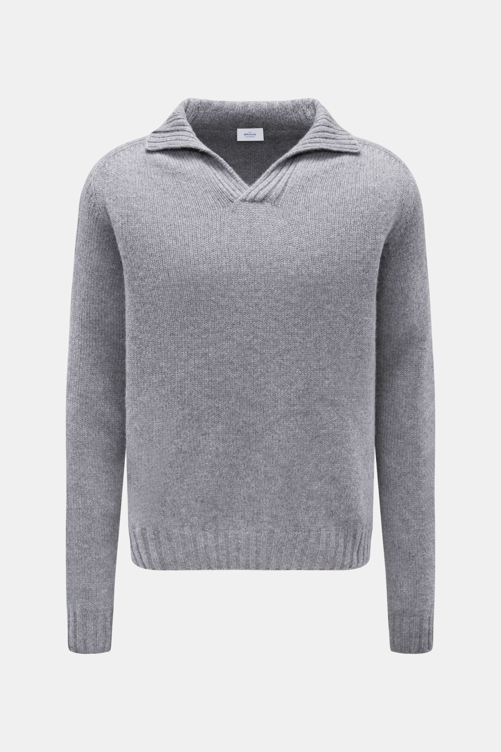 von Braun Cashmere Troyer grau meliert, frontale Nahaufnahme, reiner Cashmere, Regular Fit, weicher Griff, Stehkragen mit offener Leiste, sportive Rippstrick-Details