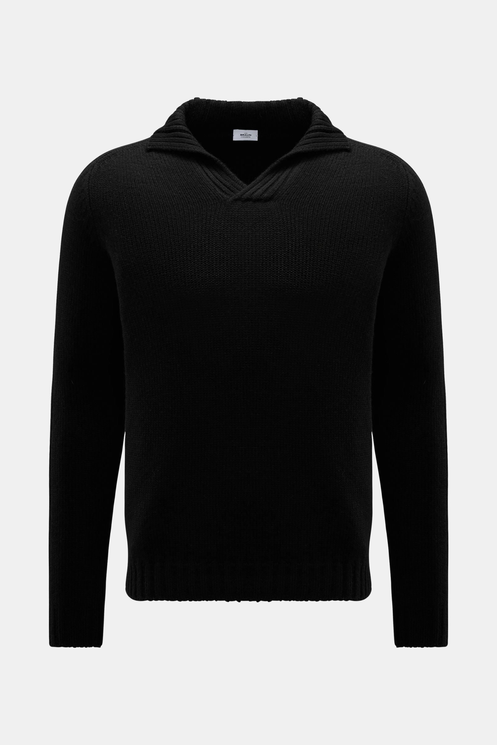 von Braun Cashmere Troyer schwarz, frontal fotografiert, edles Essential aus reinem Cashmere mit weichem Griff, sportiven Rippstrick-Details, Regular Fit, Stehkragen mit offener Kragenleiste und komfortablen Rippbündchen.