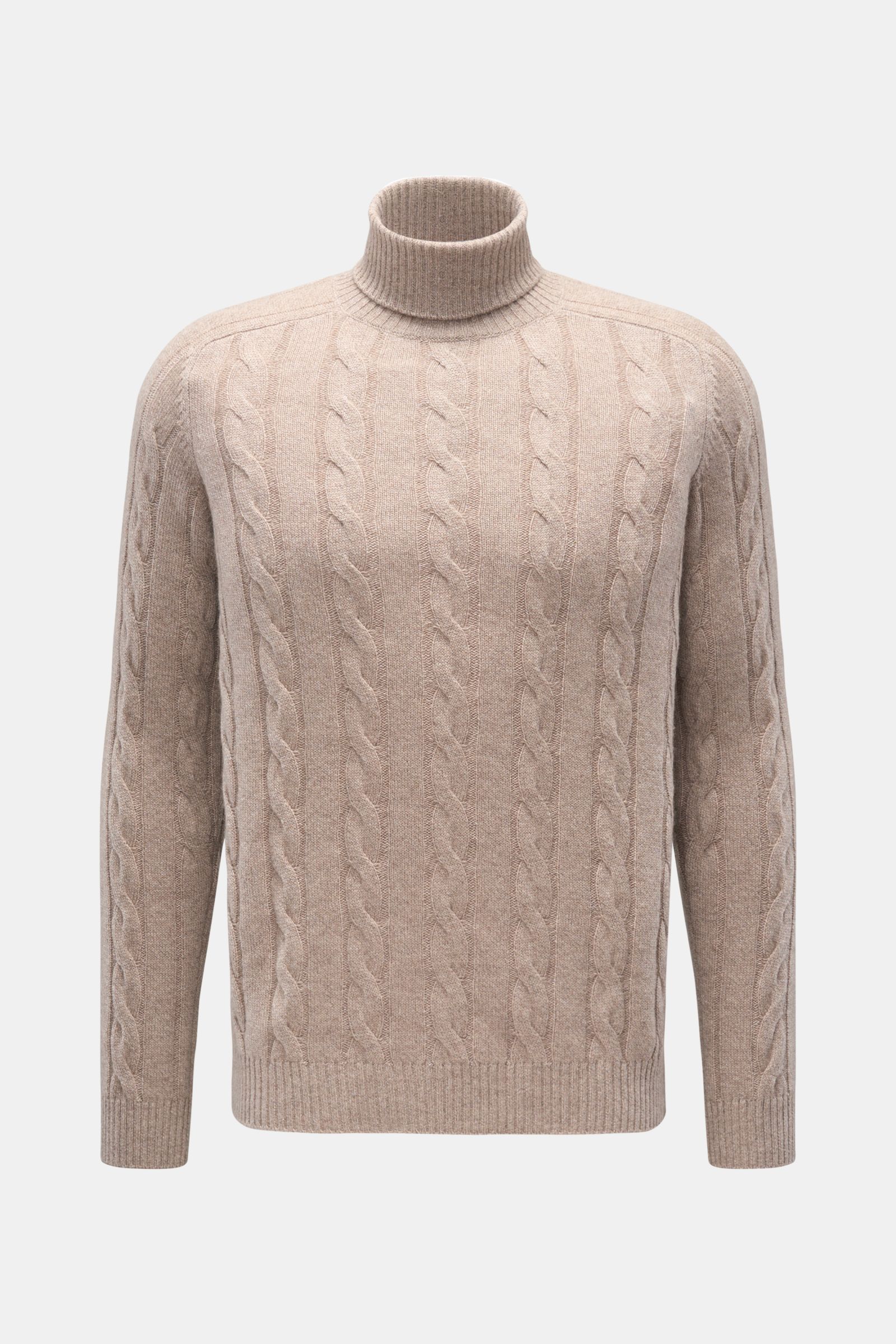 von Braun Cashmere Rollkragenpullover beige meliert in Frontansicht, softer Cashmere mit klassischem Zopfstrickmuster, Regular Fit, anliegender Rollkragen, flexible Rippbündchen, sehr weicher Griff, ideal für Winterkomfort.
