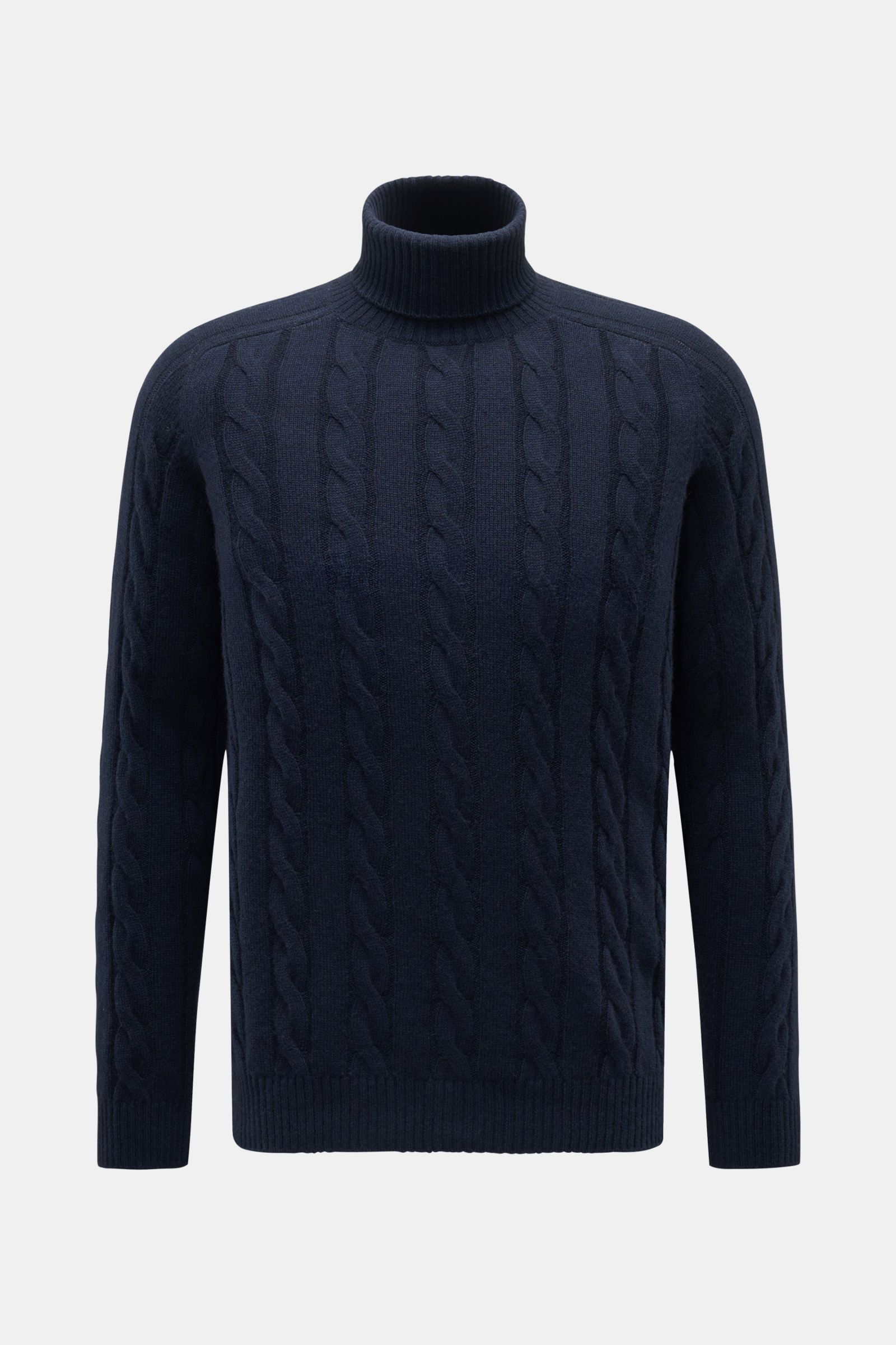 von Braun Cashmere Rollkragenpullover navy, frontal fotografiert, mit klassischem Zopfmuster, anliegendem Rollkragen, Regular Fit, weichem Cashmere aus Innerer Mongolei, flexiblen Rippbündchen.