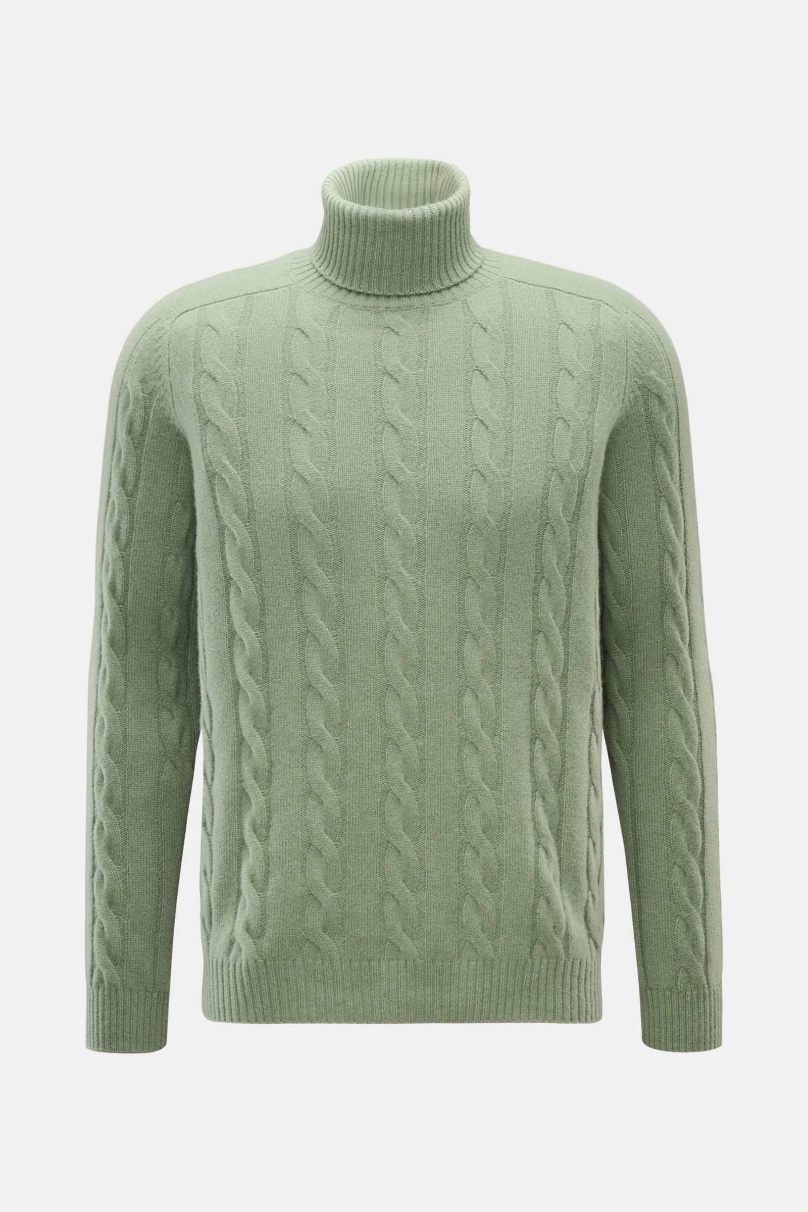 von Braun Cashmere Rollkragenpullover graugrün, frontale Ansicht, softer, reiner Cashmere mit zeitlosem Zopfstrickmuster, Regular Fit, anliegender Rollkragen, flexible Rippbündchen, sehr weicher Griff, ideal für Winterkomfort.