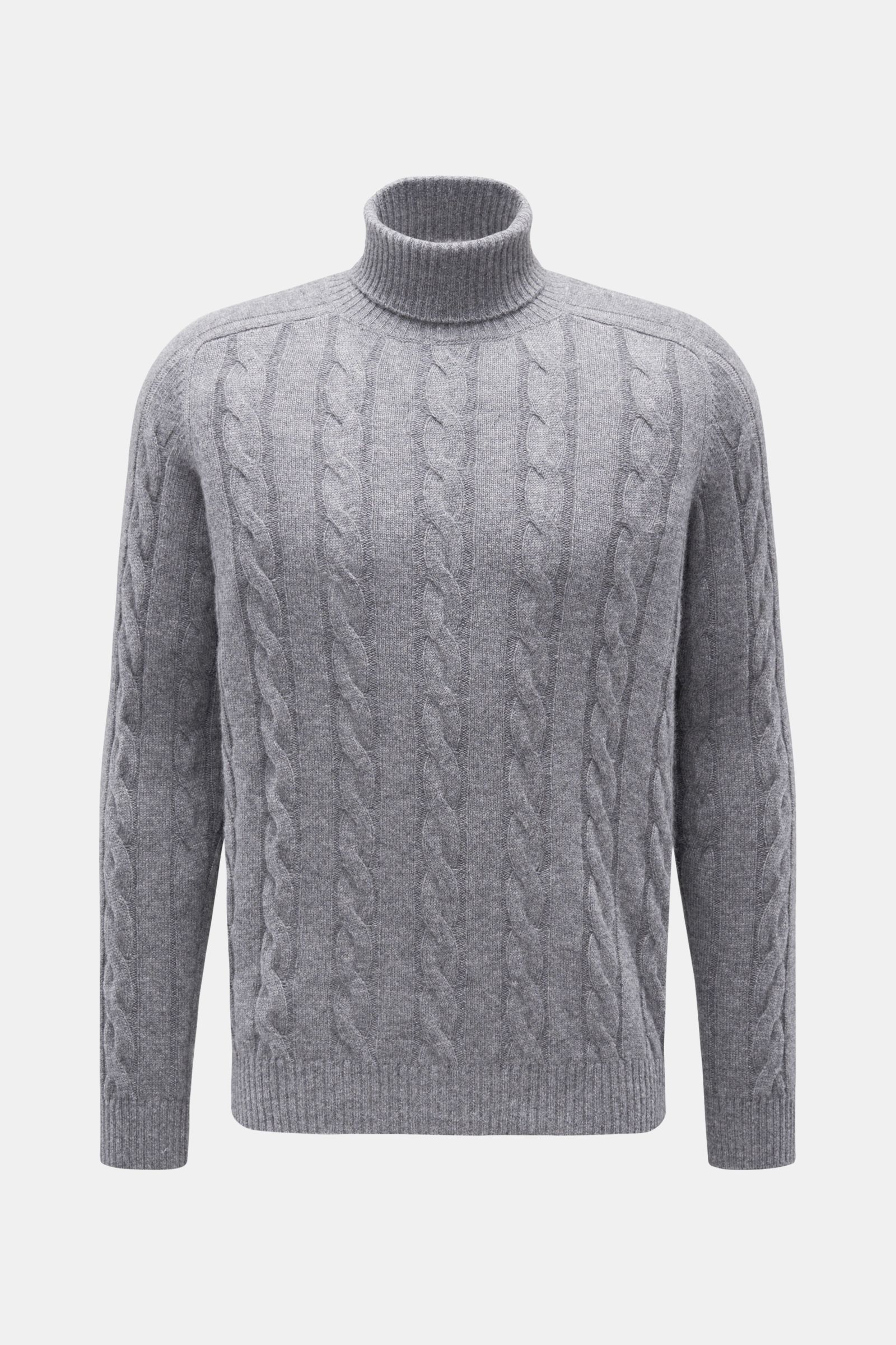 von Braun Cashmere Rollkragenpullover grau meliert, frontal fotografiert, softer reiner Cashmere, zeitloses Zopfstrickmuster, Regular Fit, anliegender Rollkragen, flexible Rippbündchen, sehr weicher Griff.