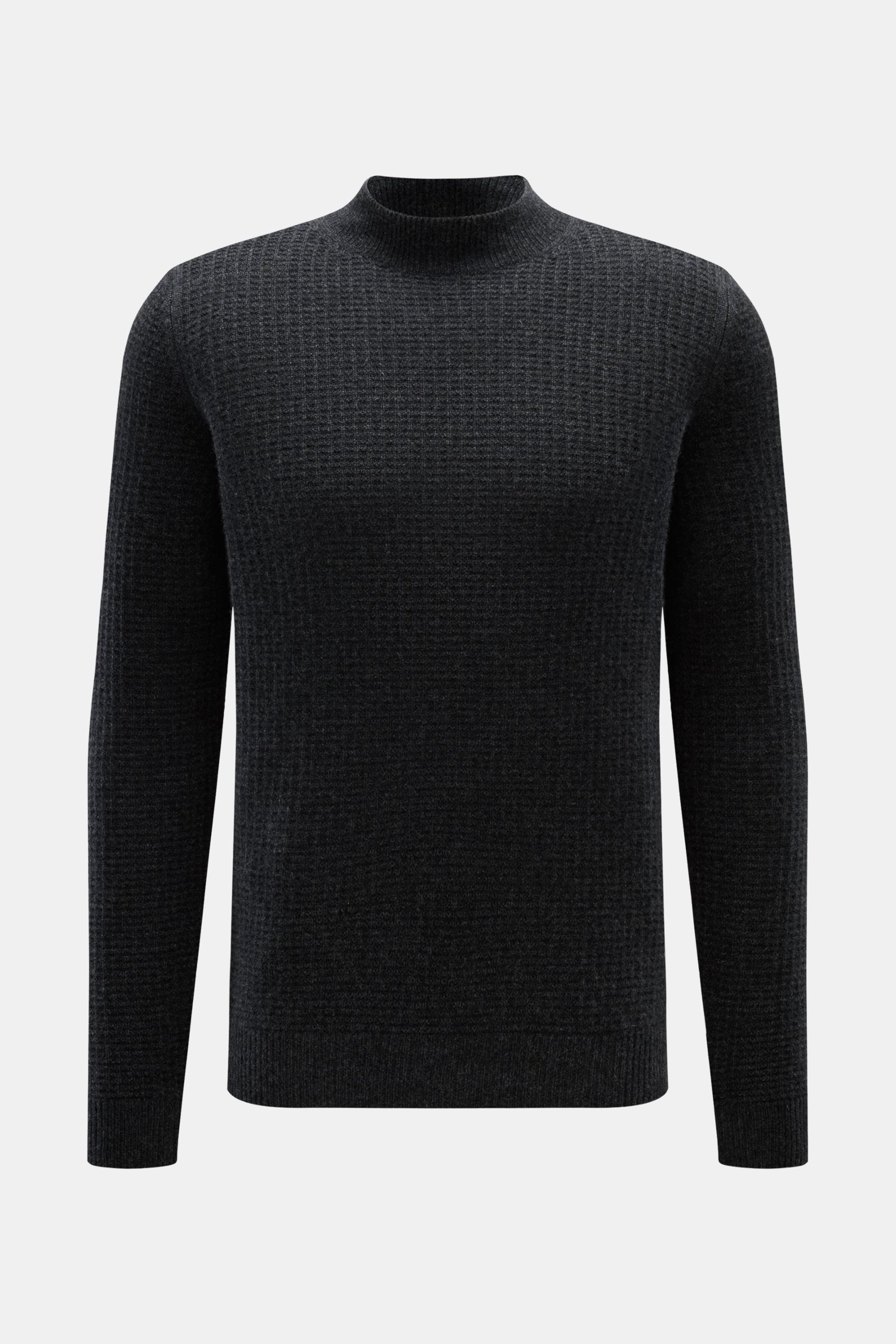Front view of von Braun Cashmere mock neck jumper anthracite mottled, featuring a slim fit, medium-fine, fine textured knit in pure Mongolian cashmere with soft feel, rib knit mock neck, and comfortable ribbed bands. 

Get ready for the colder months w