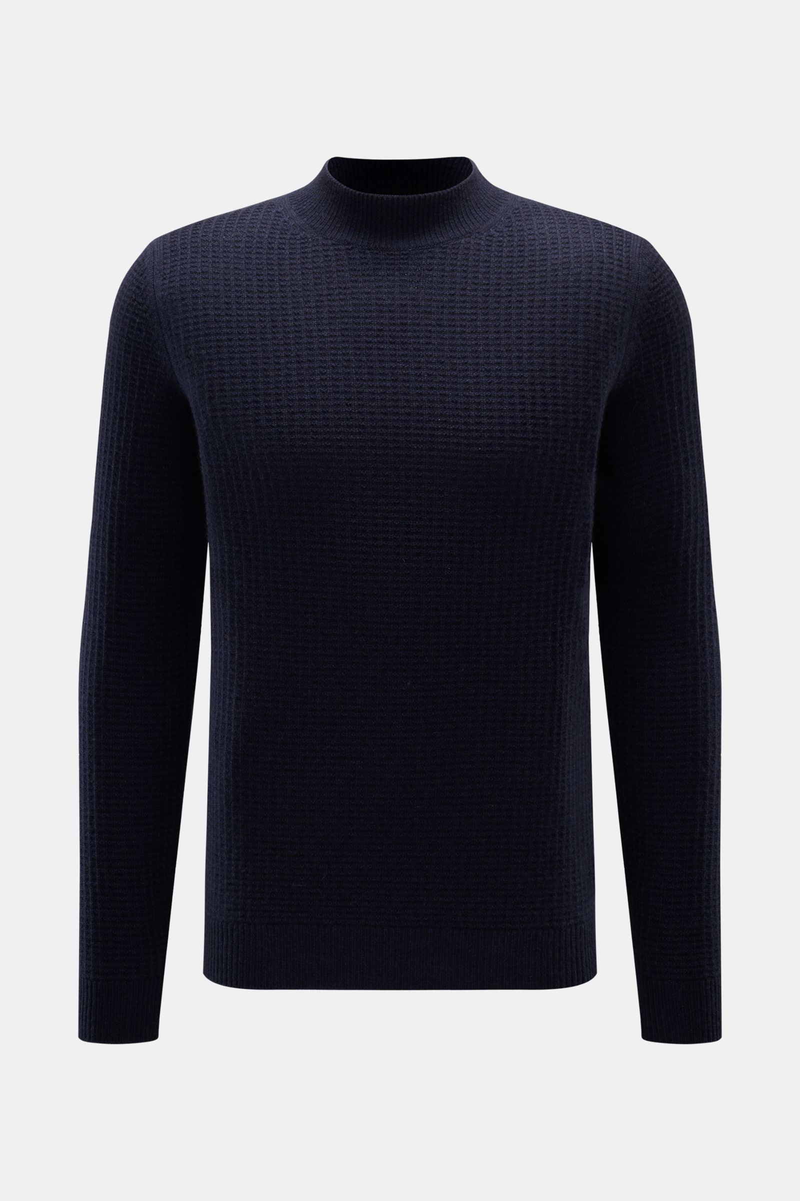 von Braun Cashmere Mock Neck Pullover navy, frontal fotografiert, Slim Fit mit weichem Griff, edlem Strukturstrick, mittelfeinem Strickbild, Ripp-Mock Neck und komfortablen Rippbündchen aus reinem mongolischem Cashmere.