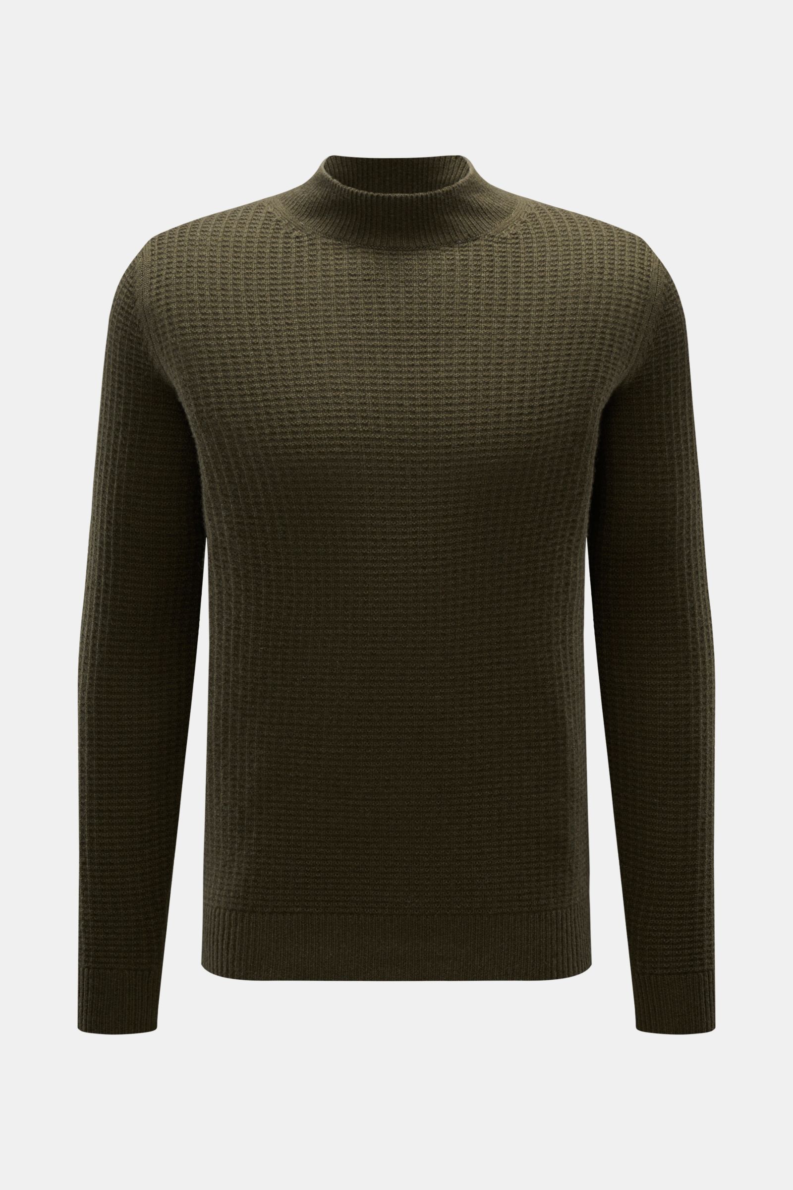 von Braun Cashmere Mock Neck Pullover oliv, Slim Fit, mittelfeiner Strukturstrick, weicher Griff, Mongolischer Cashmere, Rippbündchen, frontal fotografiert