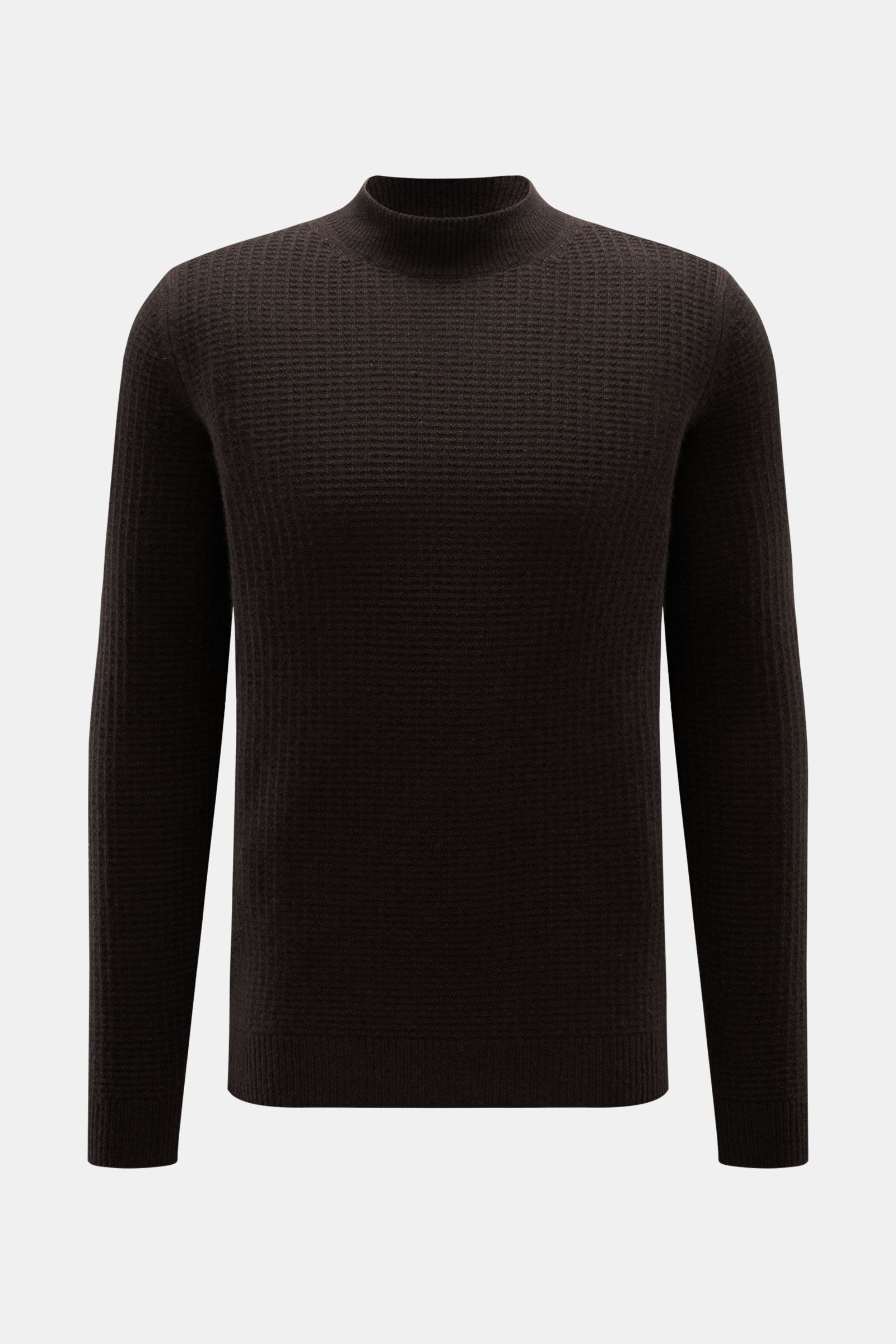 von Braun Cashmere Mock Neck Pullover dunkelbraun, frontal fotografiert, Slim Fit, edler Strukturstrick aus reinem mongolischem Cashmere mit weichem Griff, mittelfeinem Strickbild, Rippstrick-Mock Neck und komfortablen Rippbündchen.
