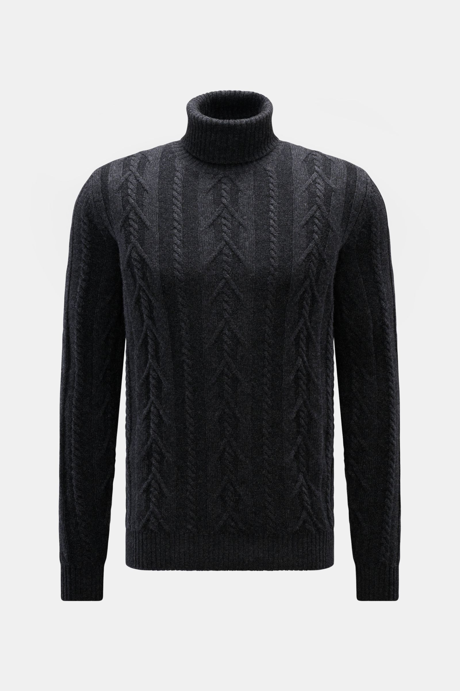 von Braun Cashmere Rollkragenpullover dunkelgrau meliert, frontal fotografiert, Slim Fit mit zeitlosem Zopfstrickmuster, reiner, sehr weicher Cashmere, anliegender Rollkragen und flexible Rippbündchen.