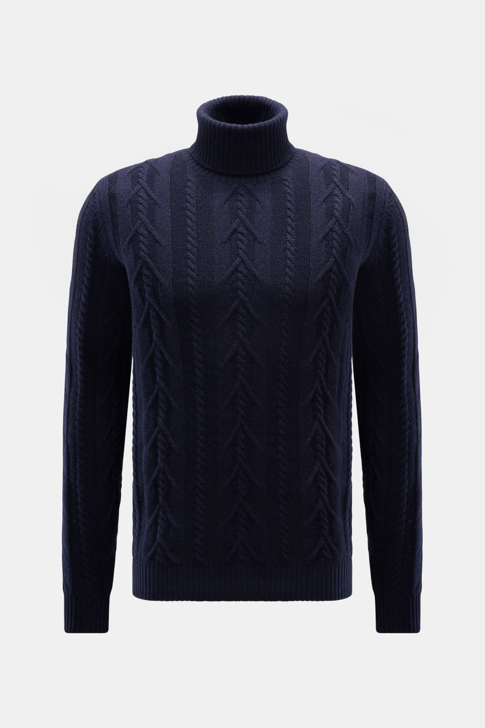 Frontansicht des von Braun Cashmere Rollkragenpullovers navy mit edlem Zopfstrickmuster, Slim Fit, anliegendem Rollkragen und flexiblen Rippbündchen.
