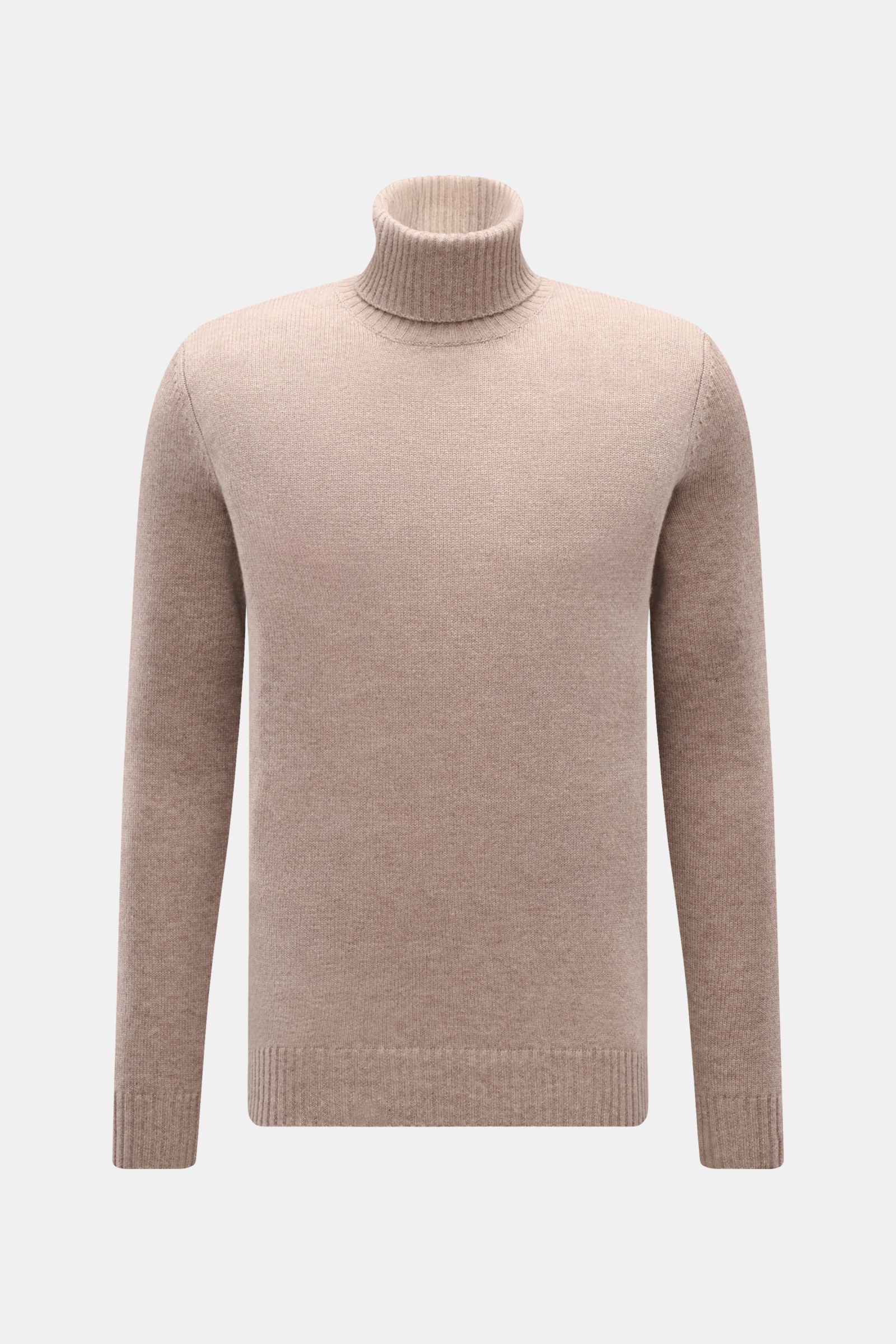 von Braun Cashmere Rollkragenpullover beige meliert, frontale Nahaufnahme, edler Cashmere, weicher Griff, Regular Fit, mittelfeines Strickbild, anliegender Rollkragen, Rippbündchen, zeitloser Alltagsbegleiter.