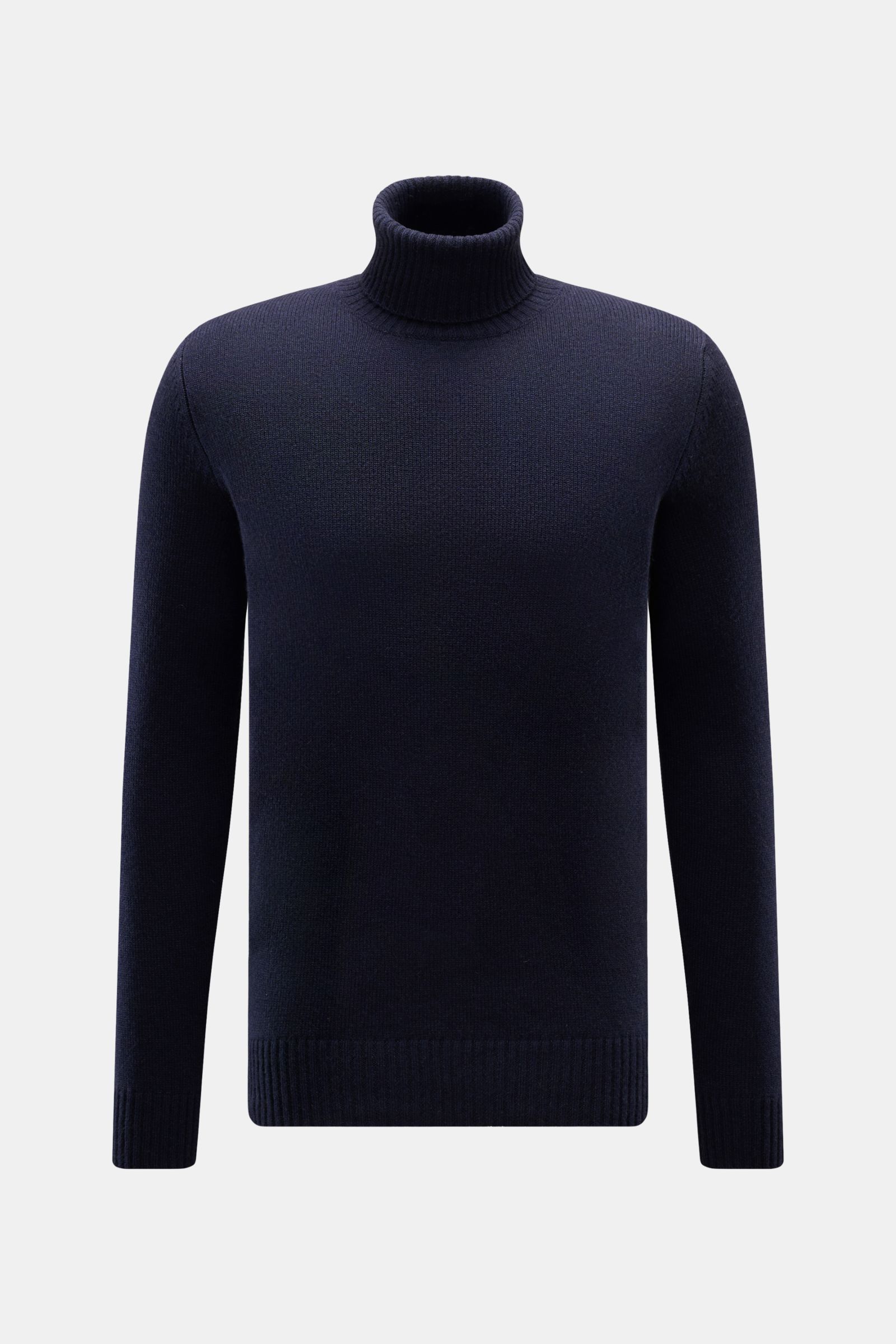 Von vorne fotografierter von Braun Cashmere Rollkragenpullover navy aus reiner, weicher Mongolei-Cashmere mit Regular Fit, mittelfeinem Strickbild, anliegendem Rollkragen und Rippbündchen.