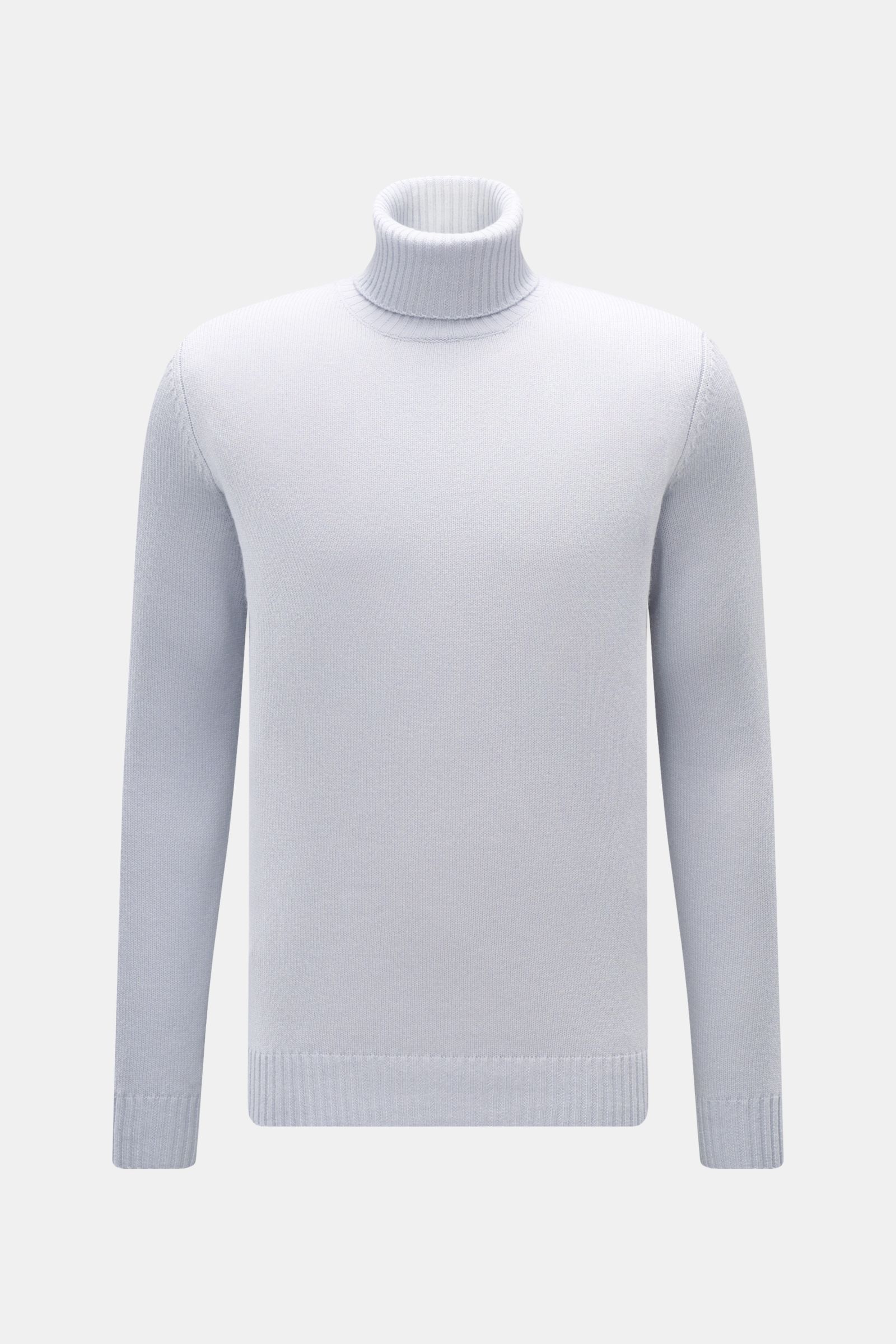von Braun Cashmere Rollkragenpullover hellblau, frontal fotografiert, reiner Cashmere, weicher Griff, mittelfeines Strickbild, Regular Fit, anliegender Rollkragen, Rippbündchen, edler Alltagsbegleiter