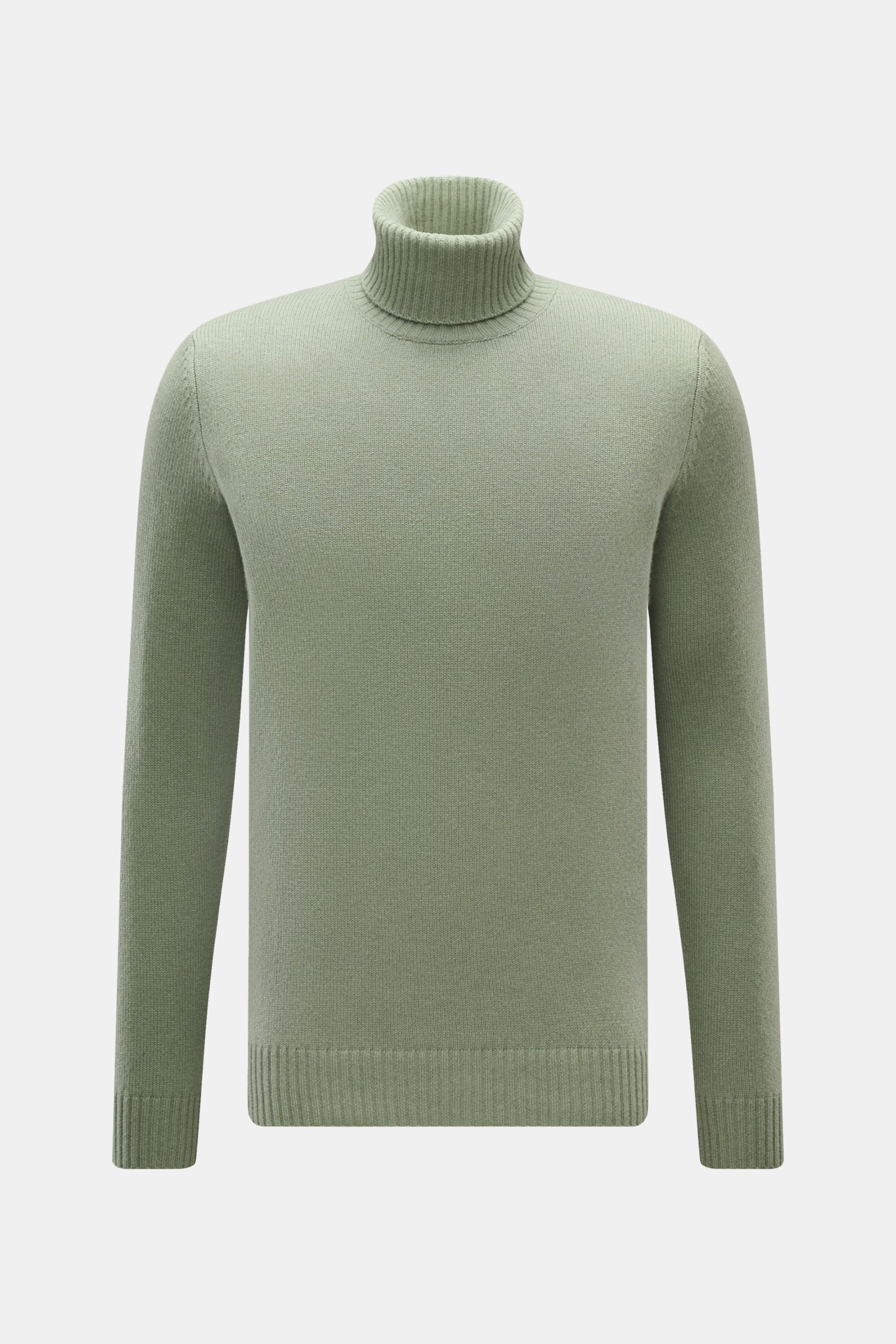 von Braun Cashmere Rollkragenpullover graugrün, frontale Nahaufnahme, mittelfeines Strickbild, Regular Fit, anliegender Rollkragen, weicher Griff, Rippbündchen, reiner Cashmere