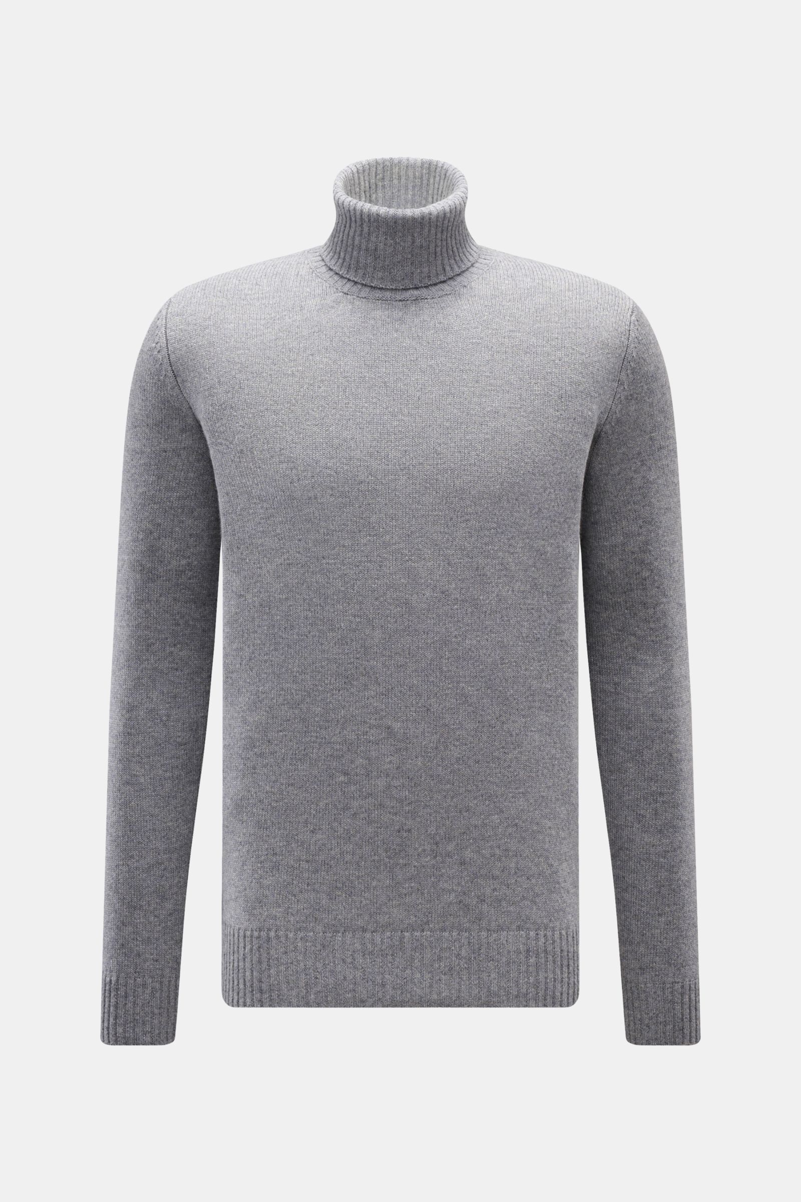 von Braun Cashmere Rollkragenpullover grau meliert, frontal fotografiert, mittelfeiner Strick, reiner Cashmere, weicher Griff, Regular Fit, anliegender Rollkragen, Rippbündchen, edler Alltagspullover.