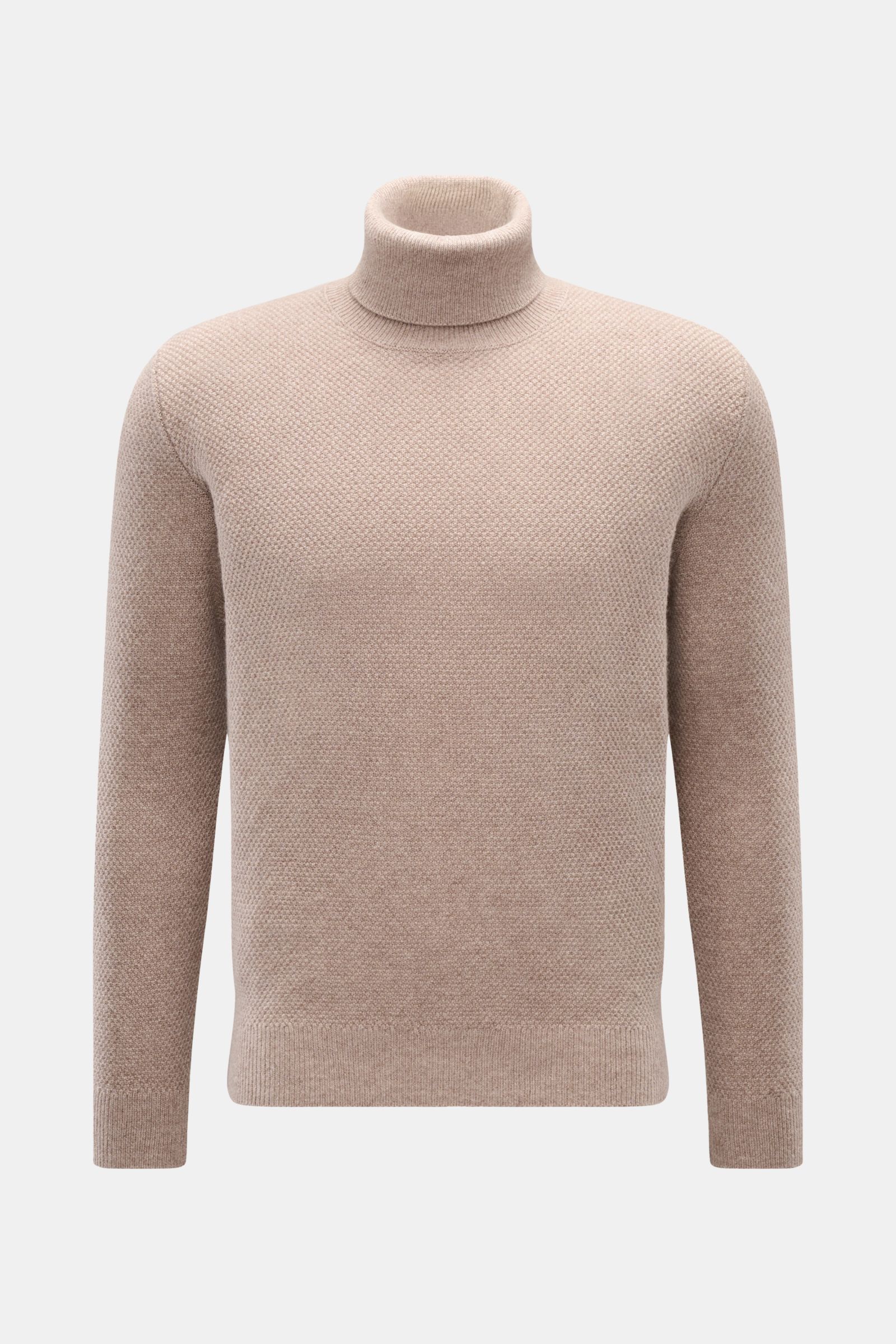 von Braun Cashmere Rollkragenpullover beige meliert, frontale Ansicht, Slim Fit, mittelfeiner Strukturstrick, weicher Griff, Rippstrick Rollkragen und Bündchen, reiner mongolischer Cashmere
