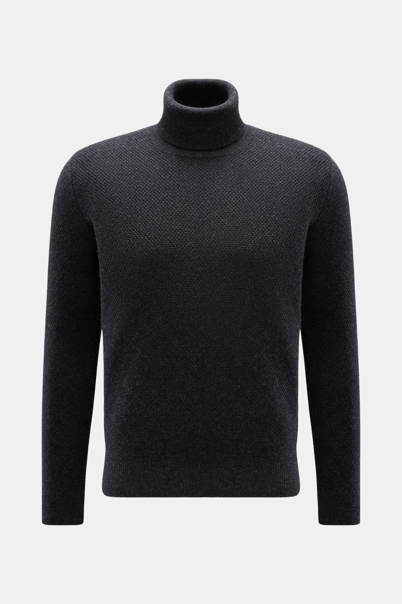 von Braun Cashmere Rollkragenpullover dunkelgrau meliert, frontal fotografiert, Slim Fit, aus reinem mongolischem Cashmere mit weichem Griff, edlem Strukturstrick, mittelfeinem Strickbild, Rippstrick-Rollkragen und komfortablen Rippbündchen.