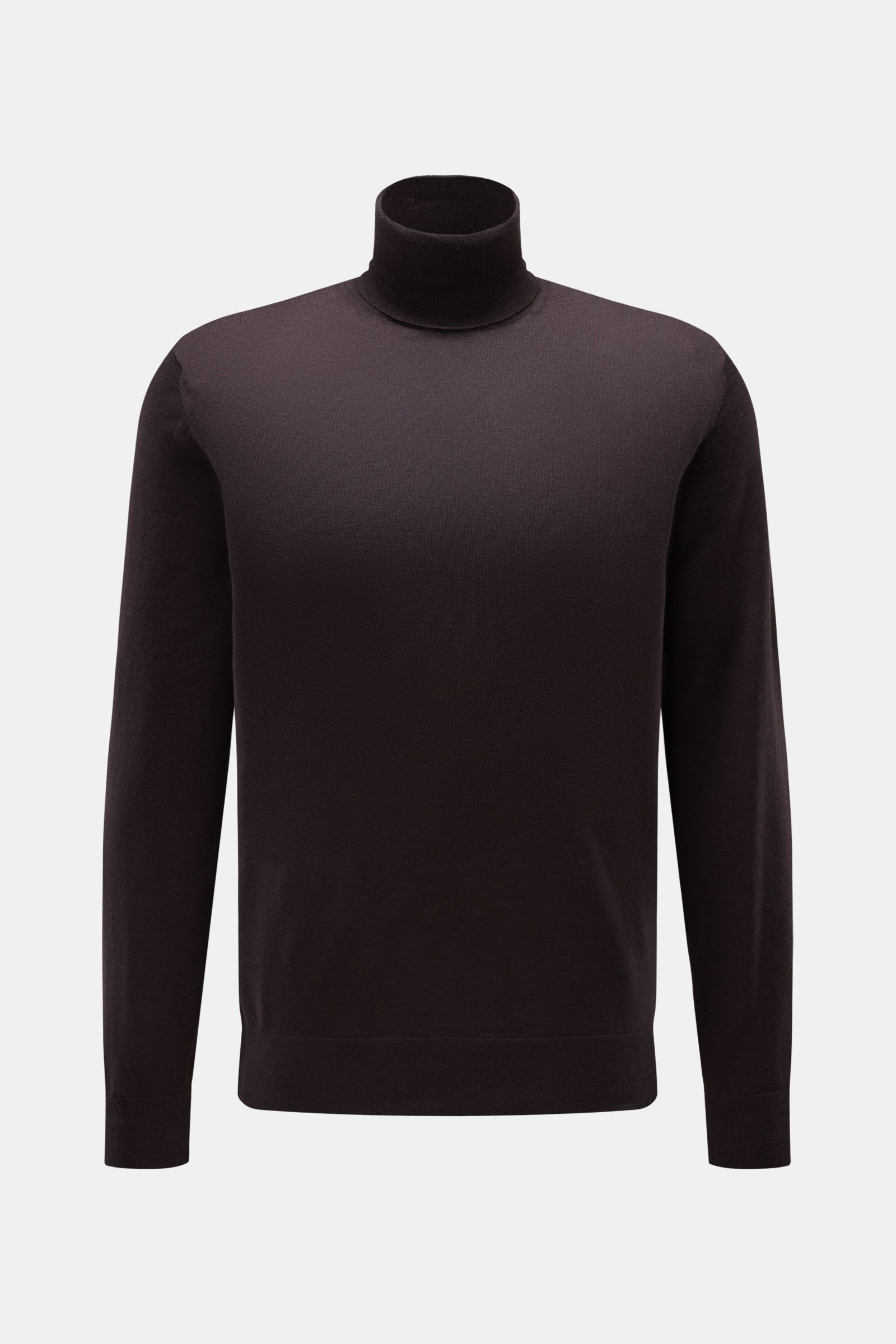 von Braun Merino Rollkragenpullover dunkelbraun, Slim Fit, aus reiner Merinowolle mit sehr feinem Strickbild, anliegendem Rollkragen und flexiblen Rippbündchen, frontale Aufnahme.