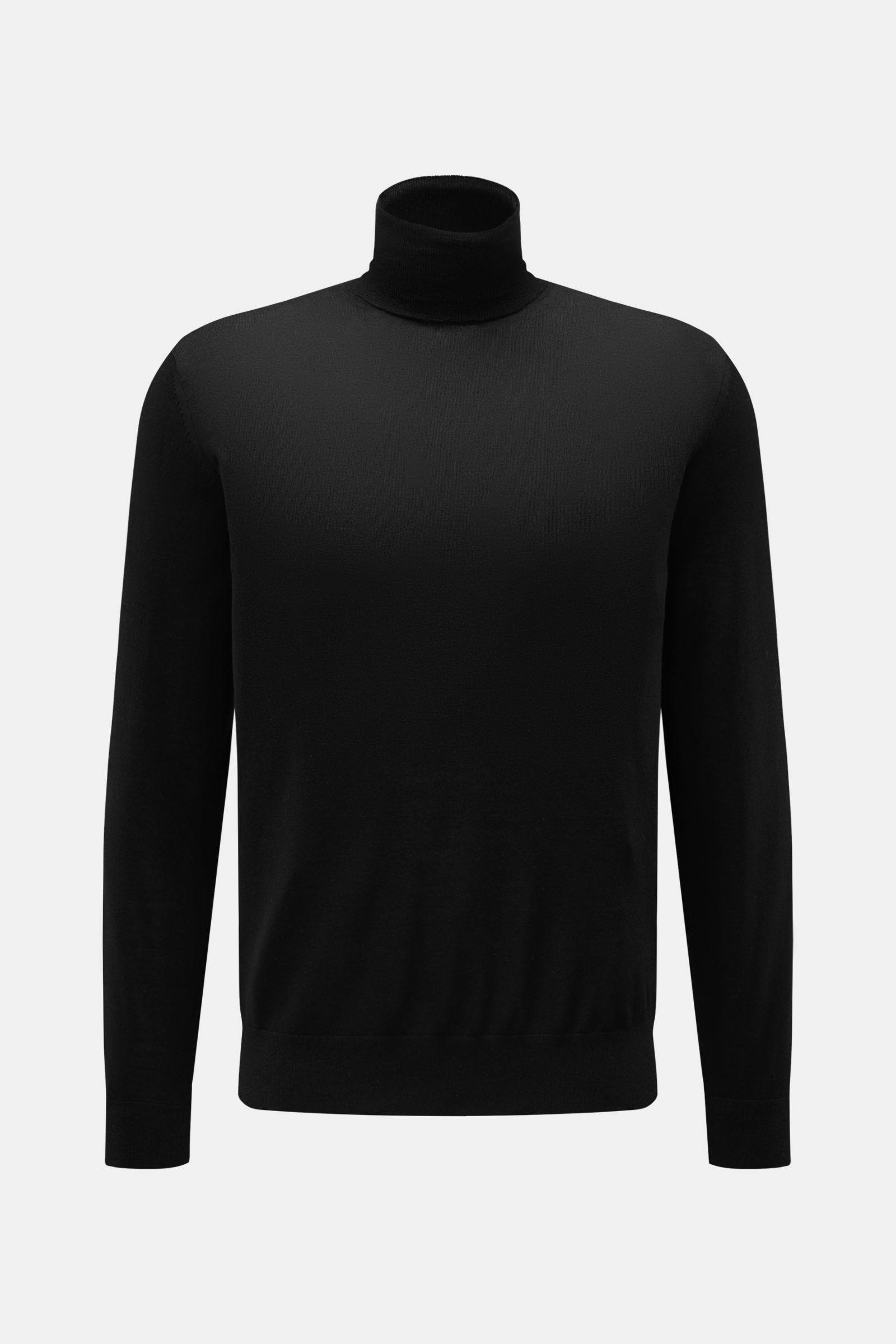 von Braun Merino Rollkragenpullover schwarz, Slim Fit, aus reiner Merinowolle, sehr feines Strickbild, anliegender Rollkragen, flexible Rippbündchen, frontale Aufnahme vor hellem Hintergrund.