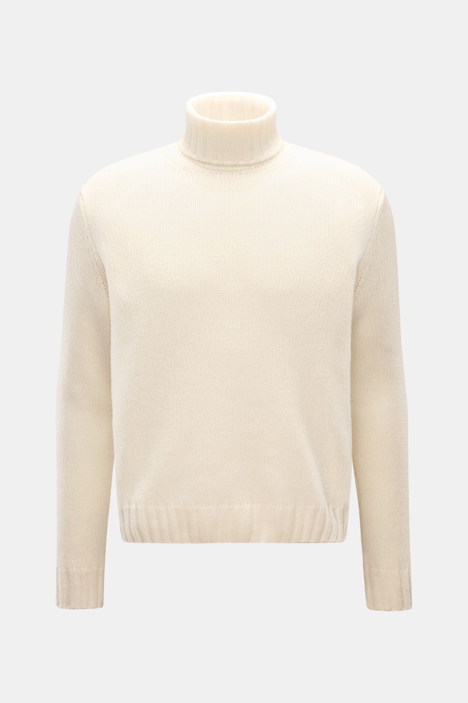 Frontale Aufnahme des 04651/ A trip in a bag Cashmere Rollkragenpullovers creme mit grobem Strickbild, Oversized Fit, weichem Griff, Rollkragen und Rippbündchen.