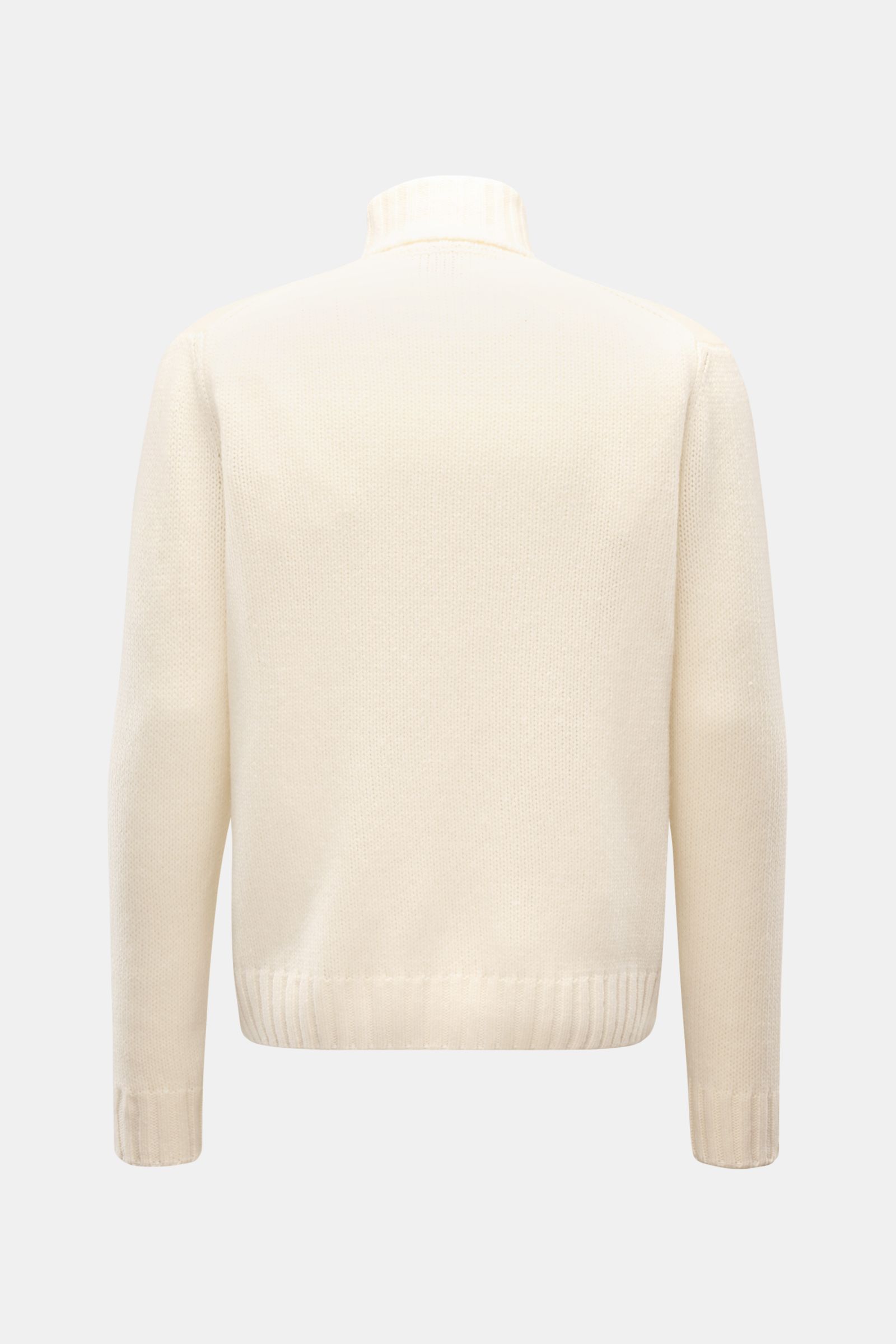 04651/ A trip in a bag Cashmere Rollkragenpullover creme, Rückansicht, Oversized Fit, grobes Strickbild, reiner Cashmere, weicher Griff, Rollkragen, Rippbündchen.