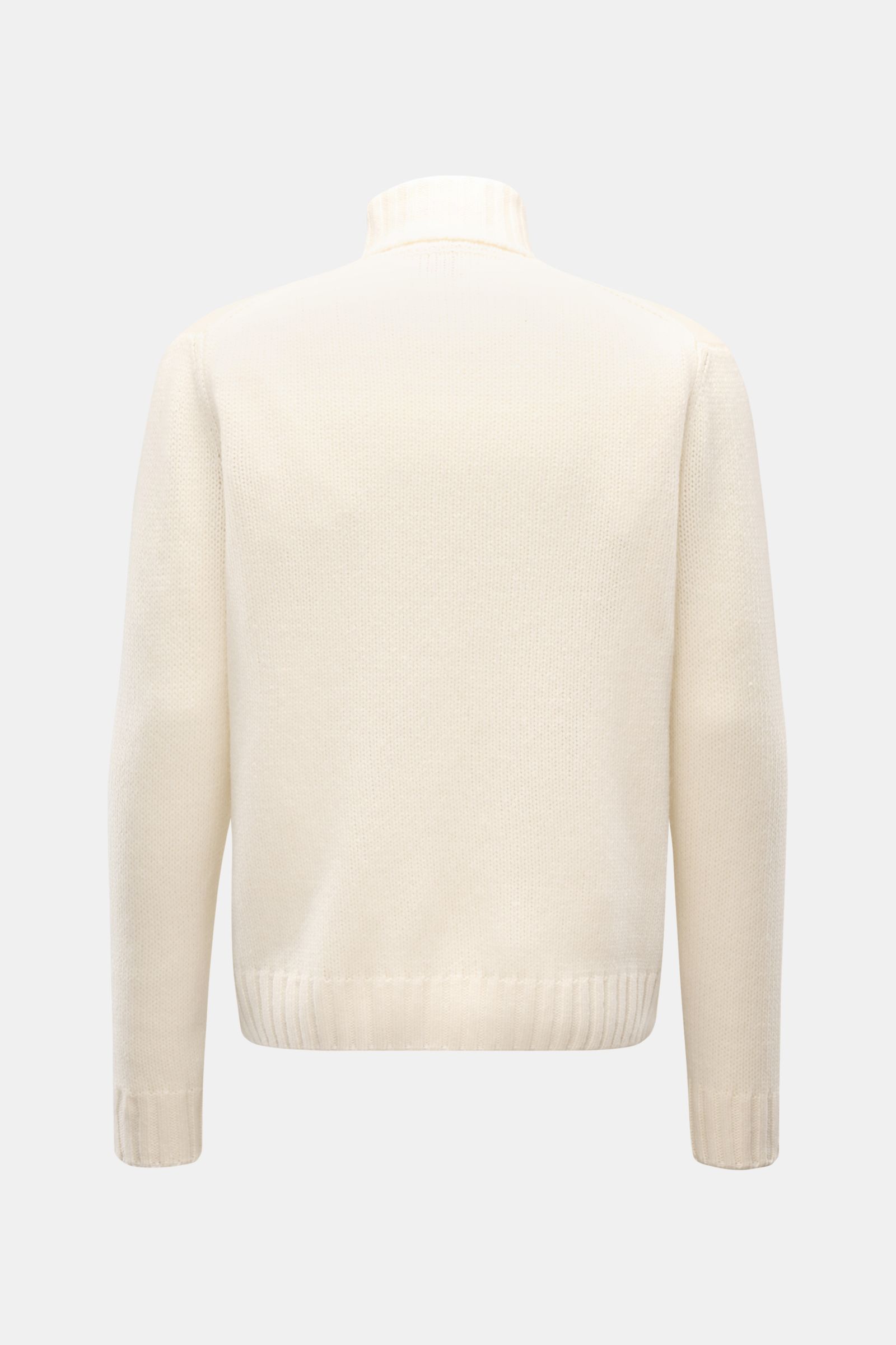 04651/ A trip in a bag Cashmere Rollkragenpullover creme, Rückansicht, oversized Fit, grobes Strickbild, reiner Cashmere, weicher Griff, Rippbündchen, Rollkragen.