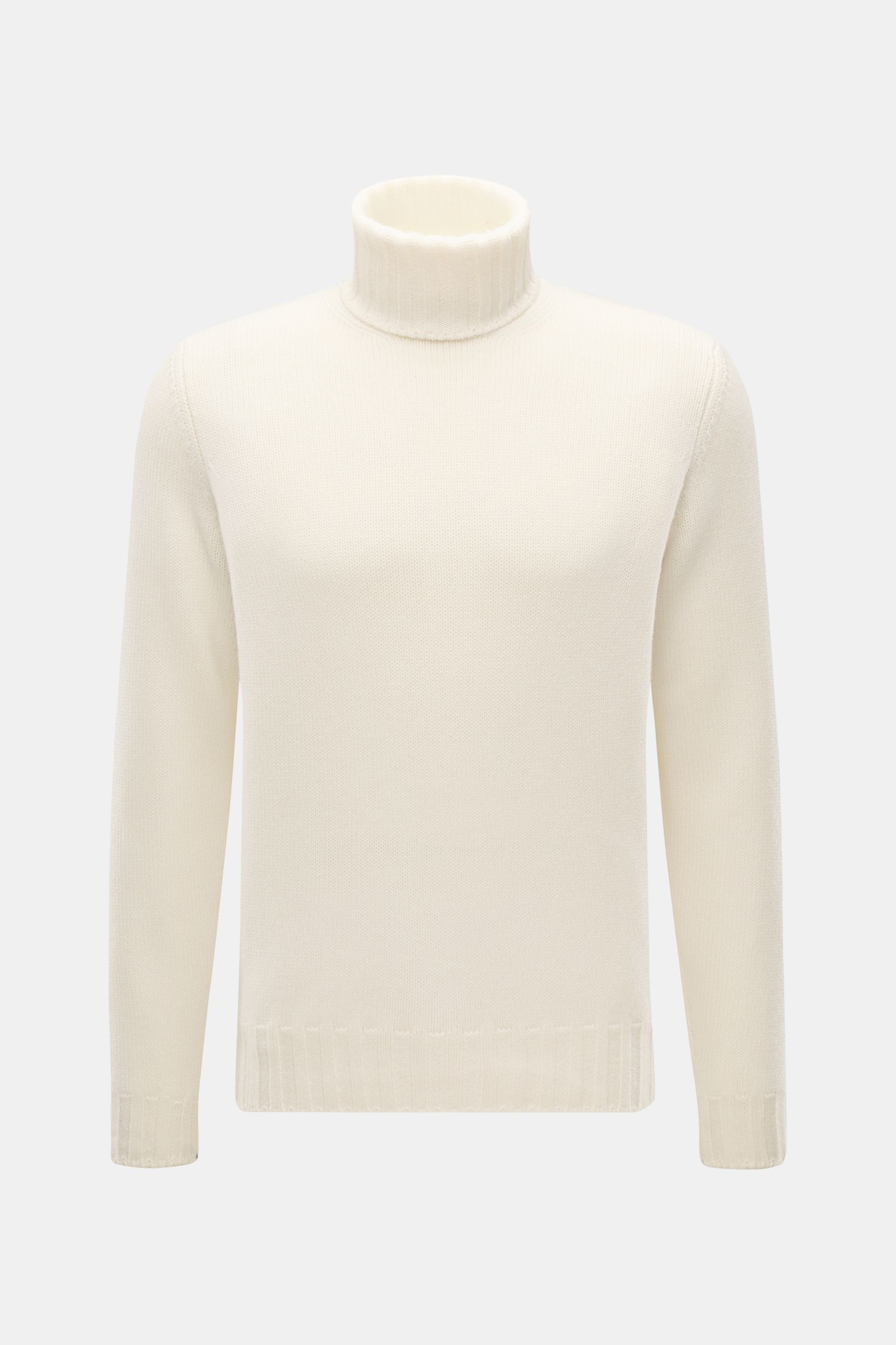Front view of Fioroni Cashmere Rundhalspullover creme, a slim fit turtleneck sweater in pure cashmere with a very soft touch, medium-fine knit, and flexible ribbed cuffs. Souveräne Eleganz in ihrer luxuriösesten Form: Der Rollkragenpullover von FIORONI au
