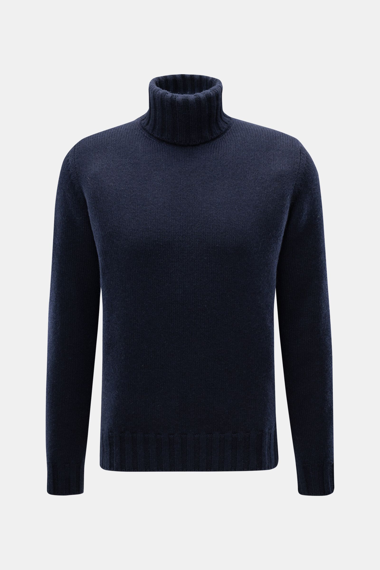 Front view of Fioroni Cashmere Rundhalspullover navy turtleneck sweater in pure cashmere, slim fit with soft feel and ribbed cuffs.