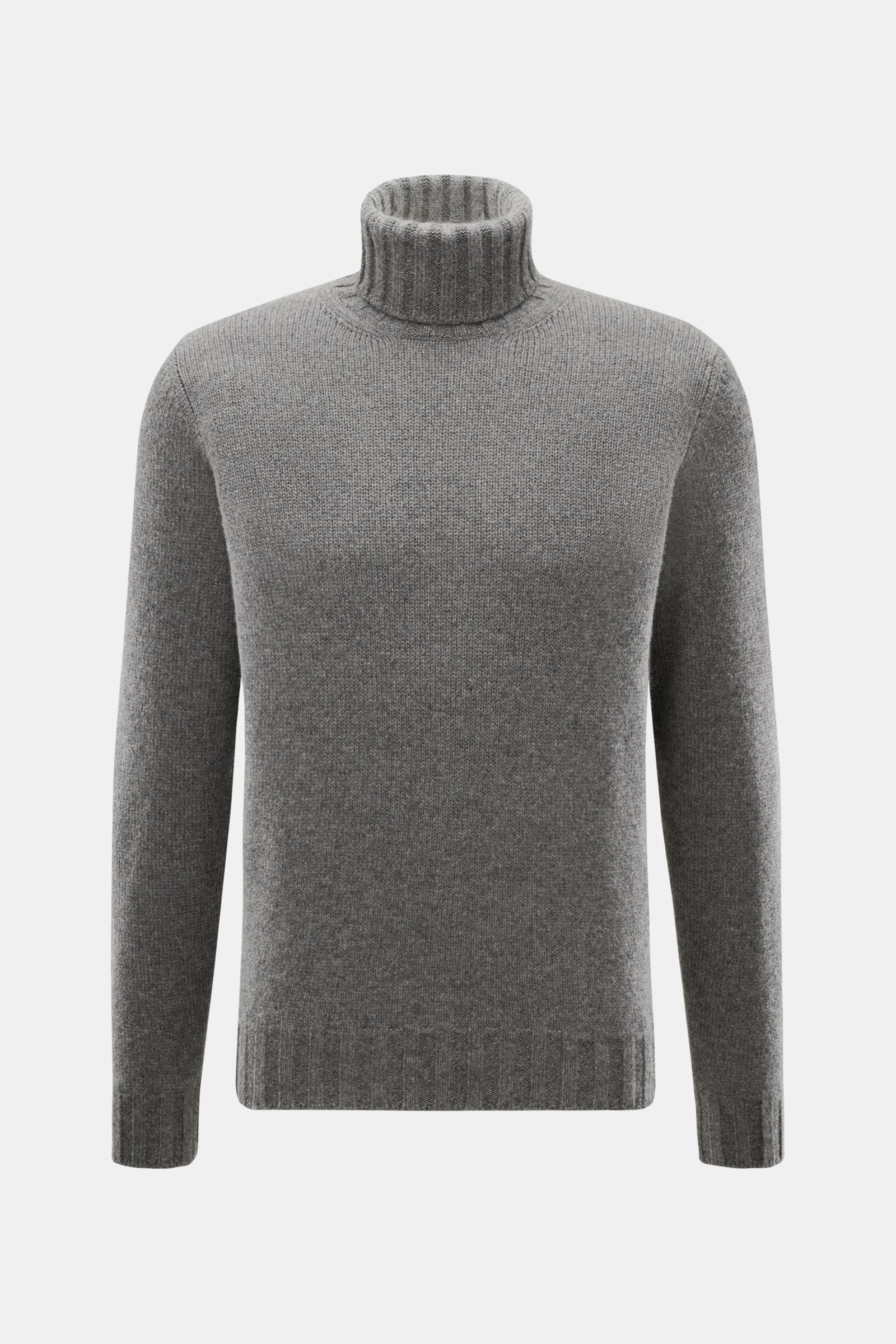 Front view of Fioroni Cashmere Rundhalspullover dunkelgrau meliert, a dark grey marl turtleneck sweater made of pure cashmere, featuring a very soft touch, medium-fine knit, slim fit, ribbed turtleneck, and flexible rib cuffs.

Souveräne Eleganz in ihr