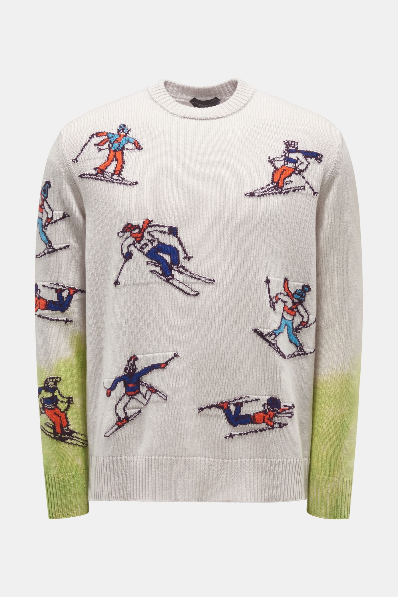 Cashmere crew neck jumper 'Skiers' light grey patterned