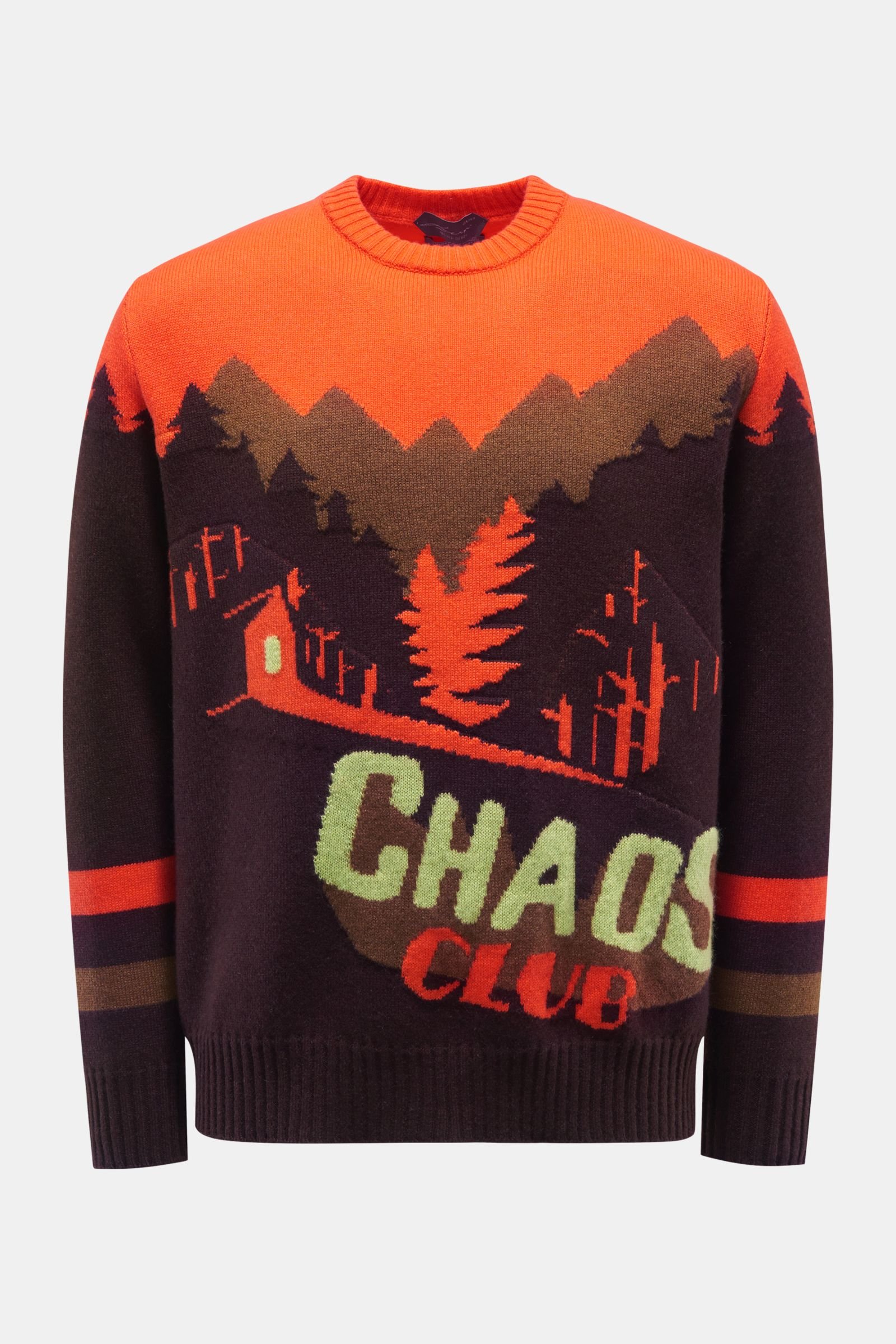 Cashmere crew neck jumper 'Chaos Club' orange/burgundy patterned