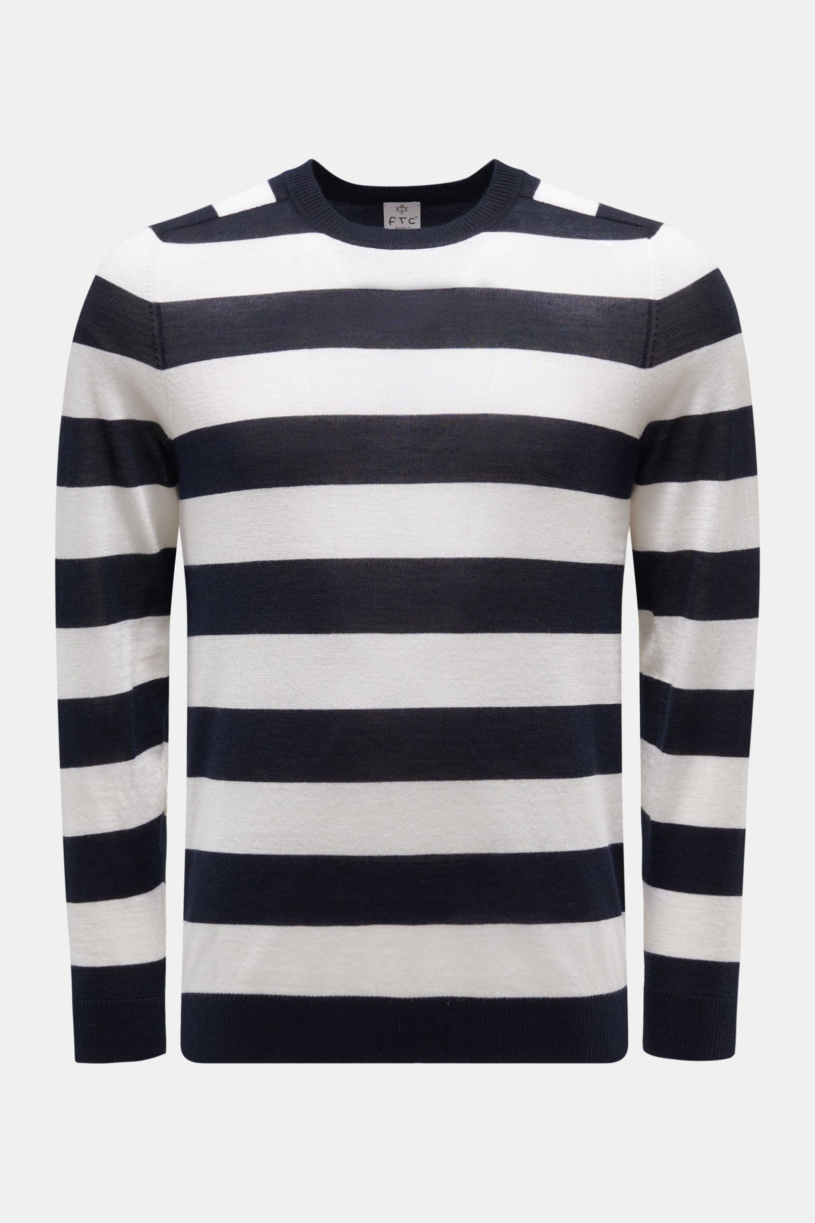 Fine knit crew neck jumper navy/off-white striped