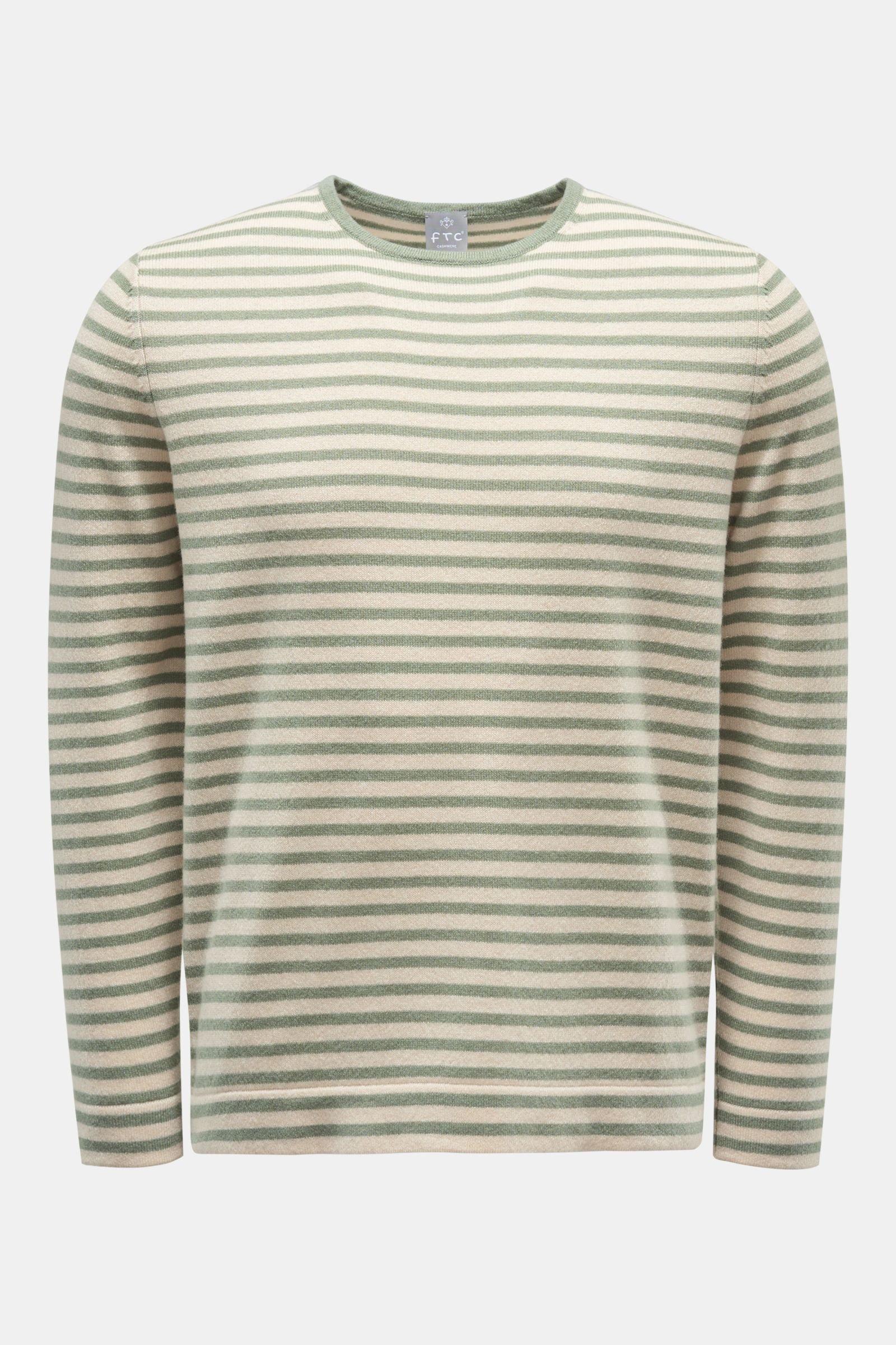 Cashmere crew neck jumper grey-green/beige striped