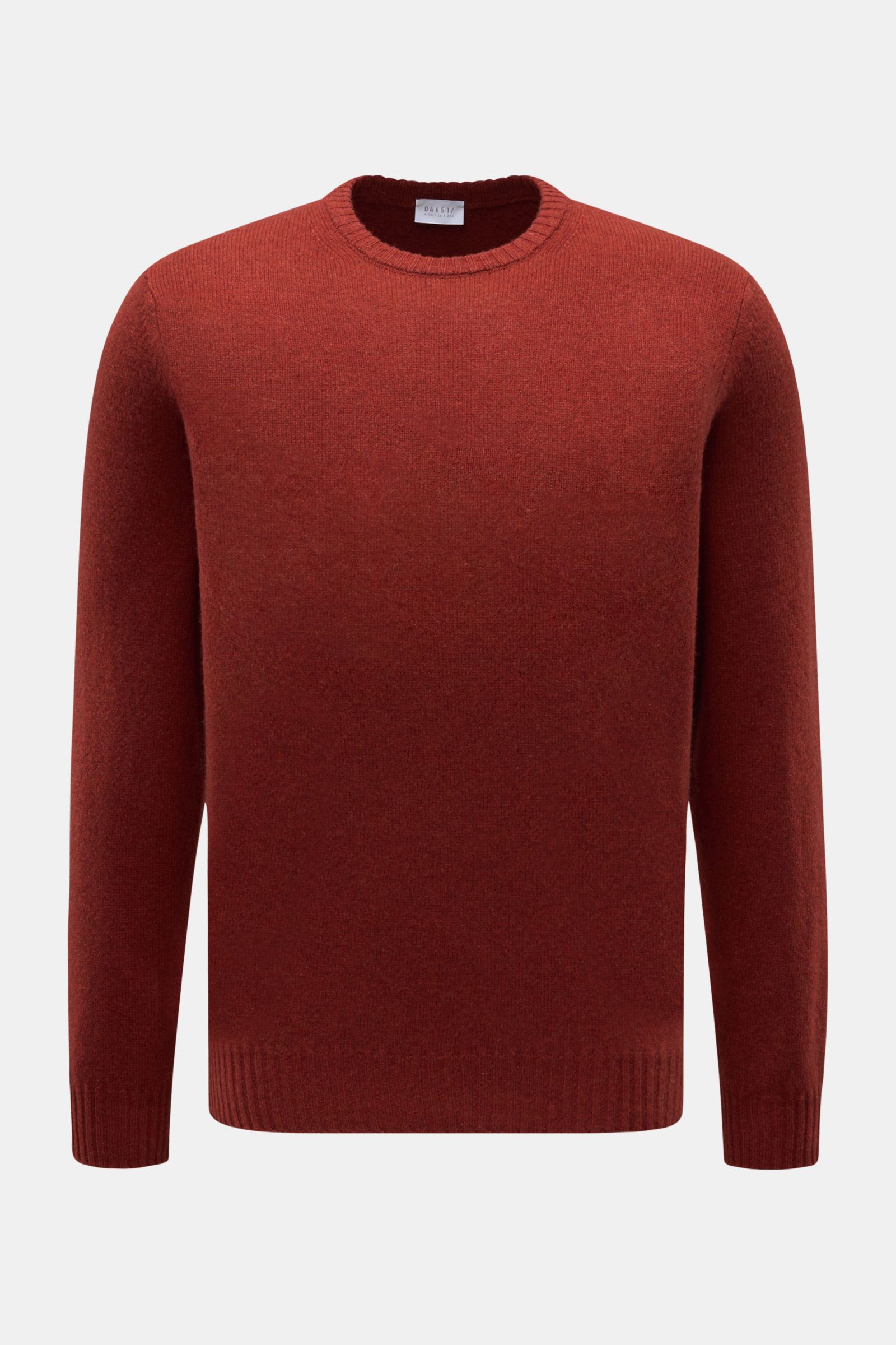 04651/ A trip in a bag Cashmere Rundhalspullover rotbraun meliert, frontal, reiner Cashmere, sehr weicher Griff, Slim Fit, feines Strickbild, Fully-Fashioned-Machart, elastische Rippbündchen.