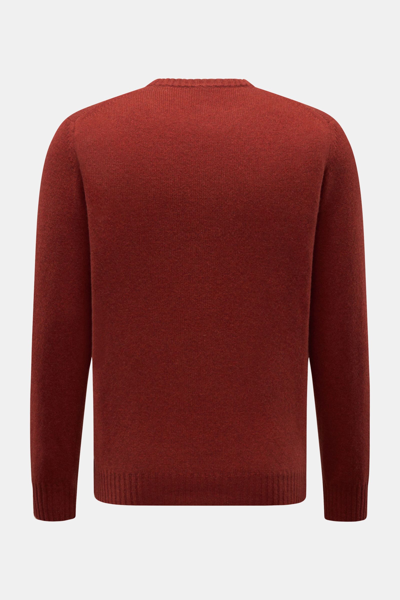 04651/ A trip in a bag Cashmere Rundhalspullover rotbraun meliert, Rückansicht, Slim Fit, reiner Cashmere, sehr weicher Griff, hochwertige Fully-Fashioned-Machart, feines Strickbild, elastische Rippbündchen.