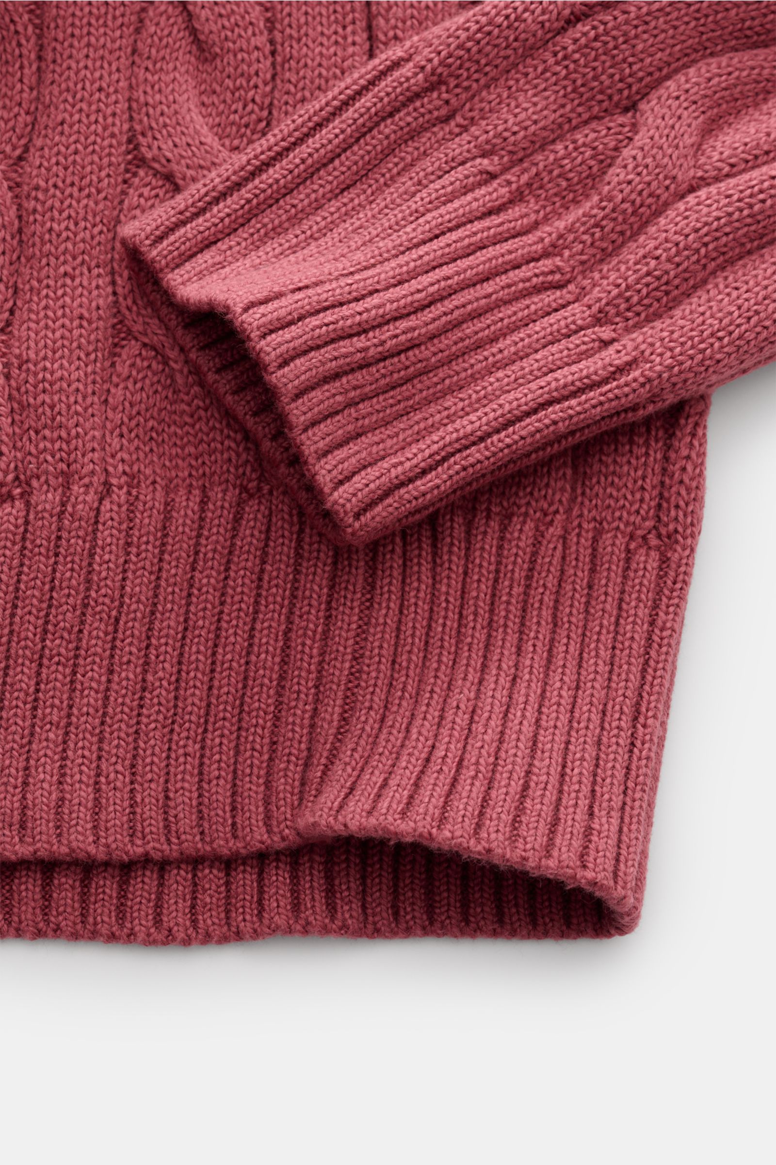 Close-up top-down view of the bright red Polo Ralph Lauren Crew neck jumper showing detailed textured cable knit, ribbed bands, and fine stitching.

Description:  
A classic from POLO RALPH LAUREN: This pure cotton jumper is decorated with textured cab